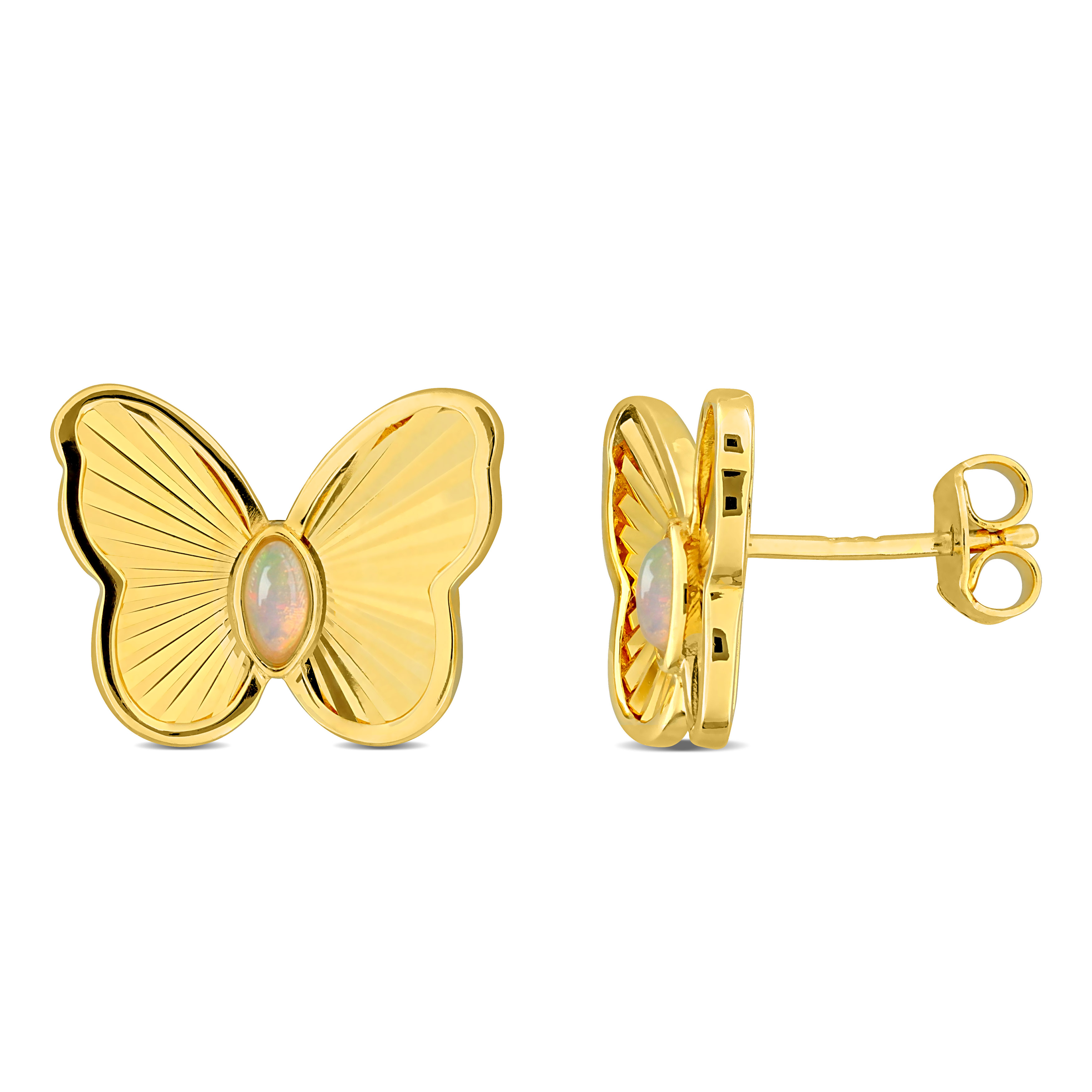 1/10 CT TGW Ethiopian Blue Opal Butterfly Stud Earrings in Yellow Plated Sterling Silver