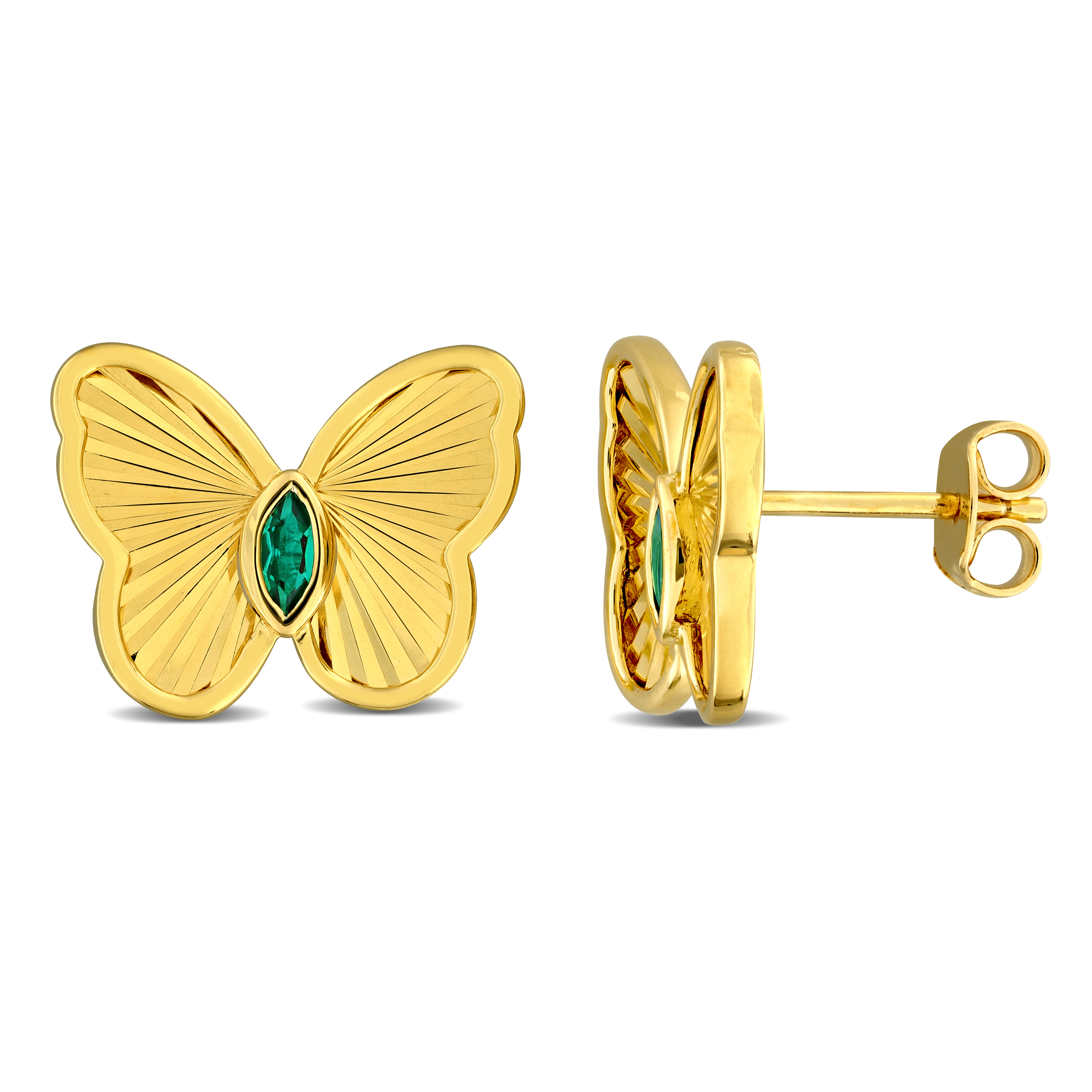 1/4 CT TGW Created Emerald Butterfly Stud Earrings in Yellow Plated Sterling Silver