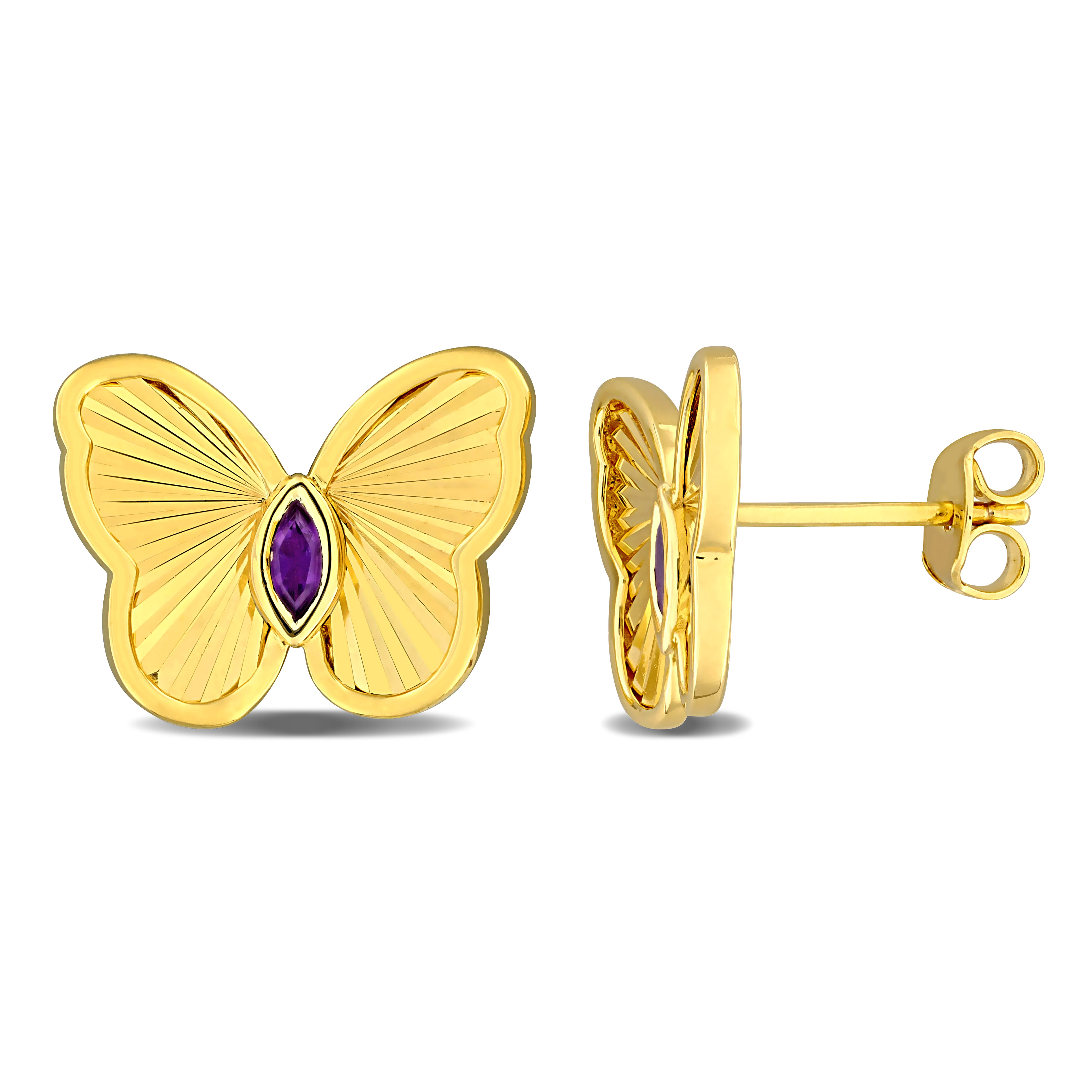 1/7 CT TGW Amethyst Butterfly Stud Earrings in Yellow Plated Sterling Silver