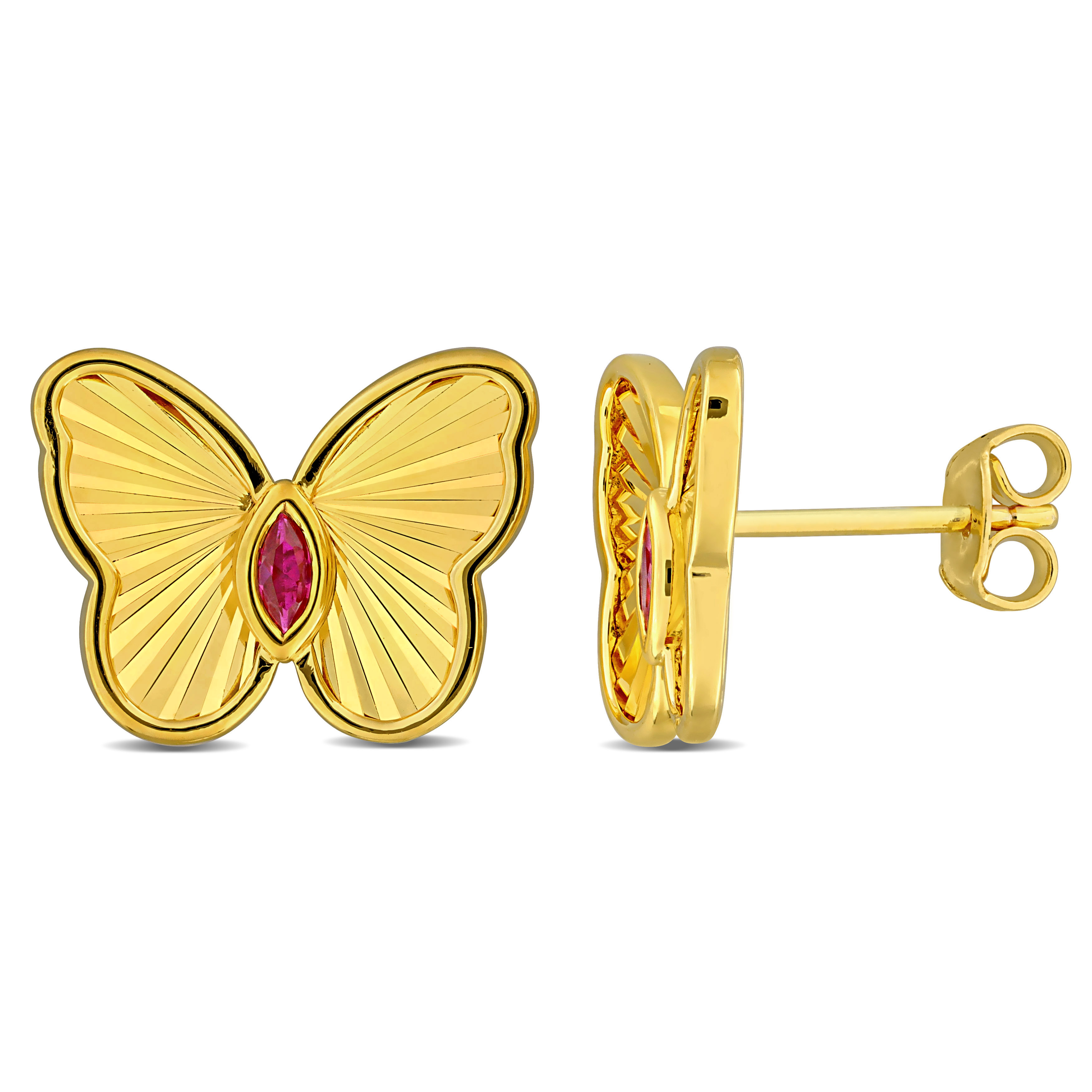 1/4 CT TGW Created Ruby Butterfly Stud Earrings in Yellow Plated Sterling Silver