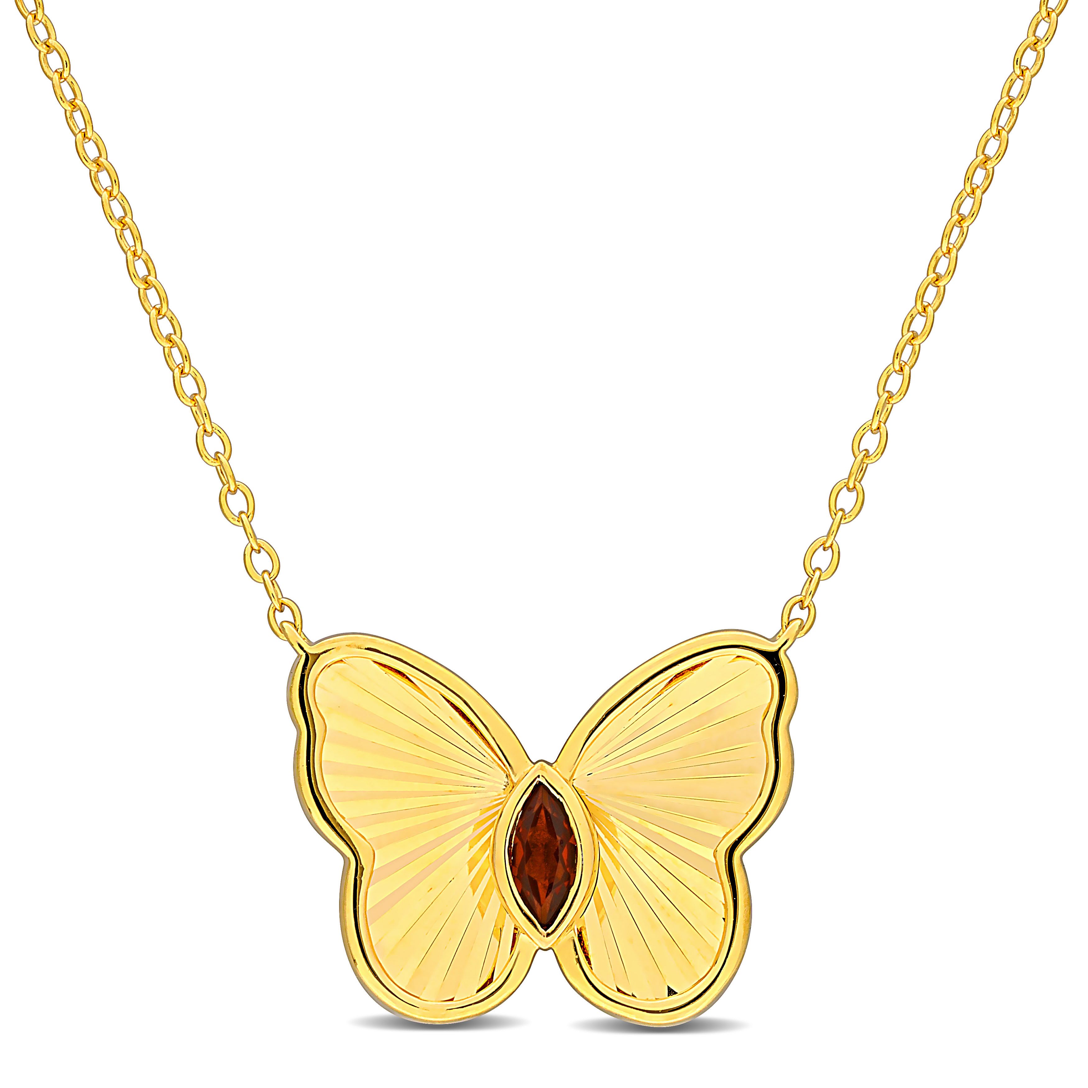 1/5 CT TGW Garnet Butterfly Necklace with Chain in Yellow Plated Sterling Silver - 17 in