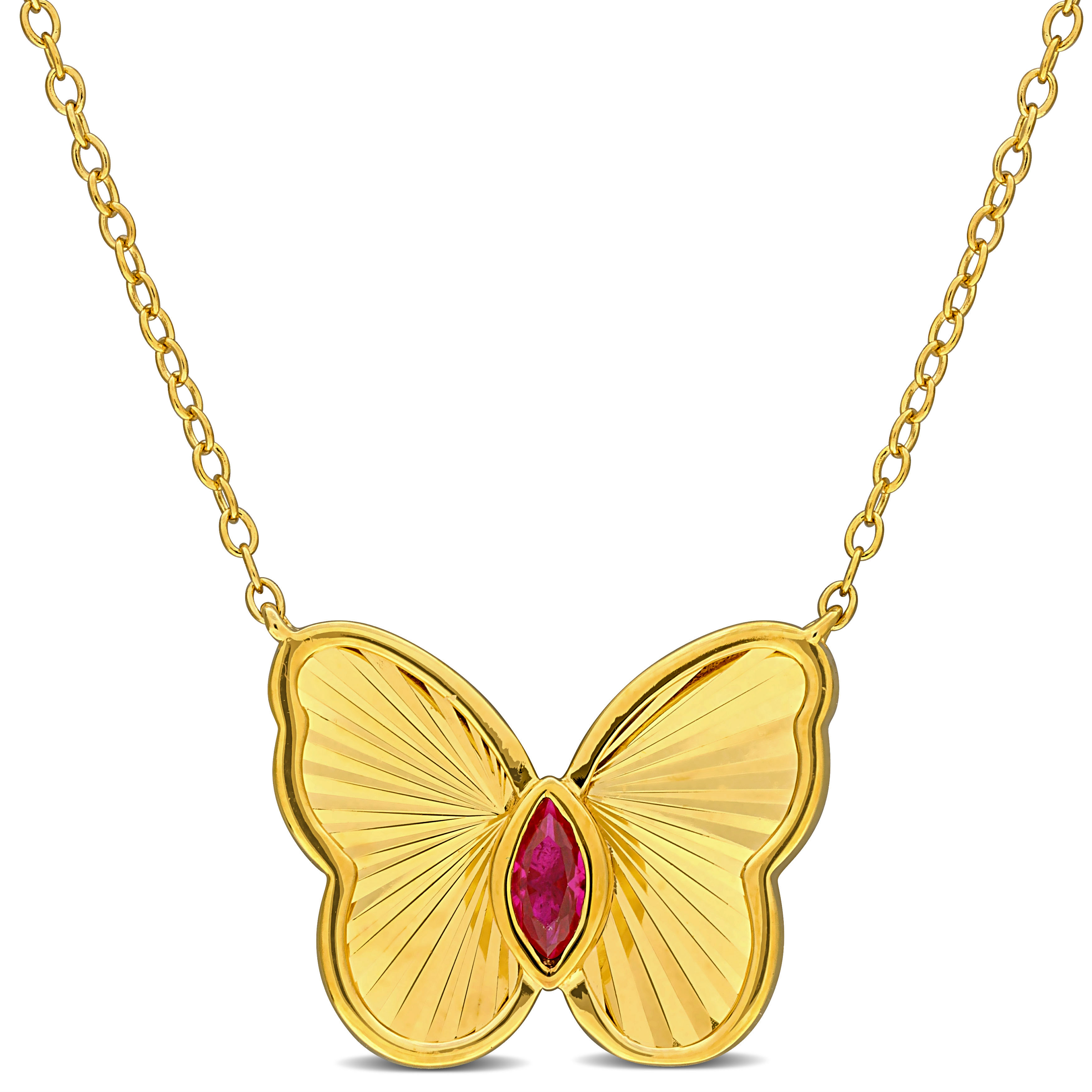 1/5 CT TGW Created Ruby Butterfly Necklace in Yellow Plated Sterling Silver - 17 in