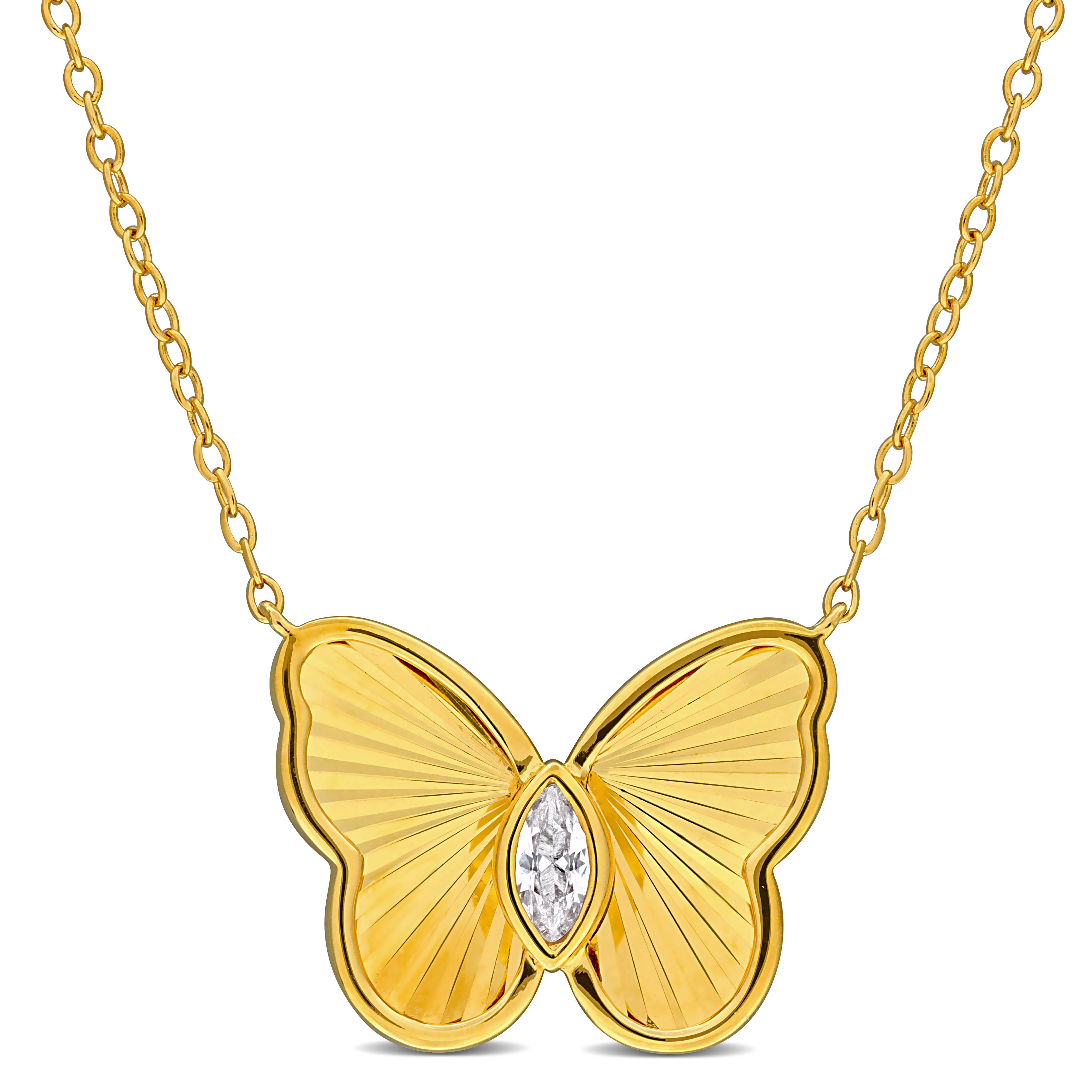 1/5 CT TGW Created White Sapphire Butterfly Necklace in Yellow Plated Sterling Silver - 17 in