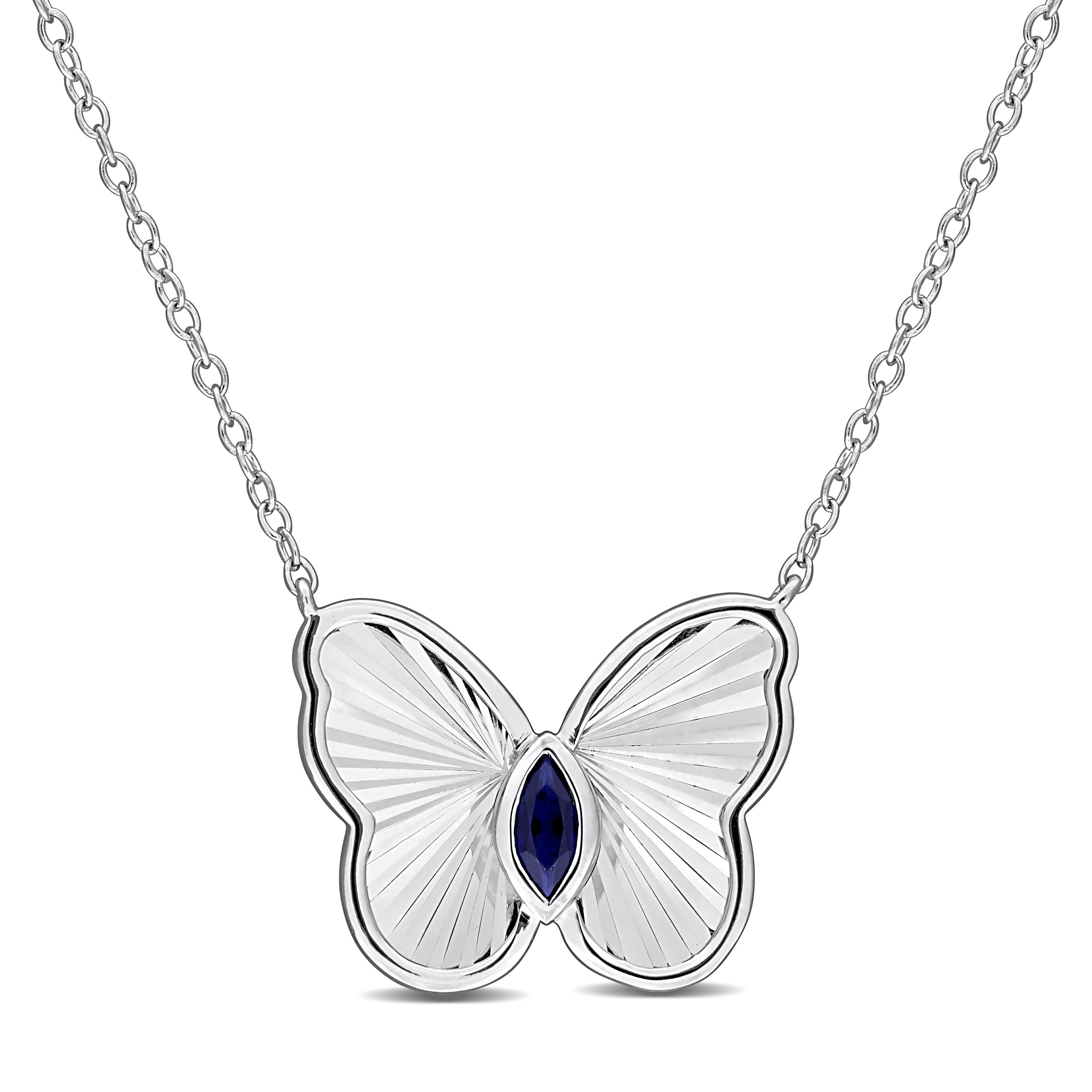 1/6 CT Created Blue Sapphire Butterfly Necklace with Chain in Sterling Silver - 17in