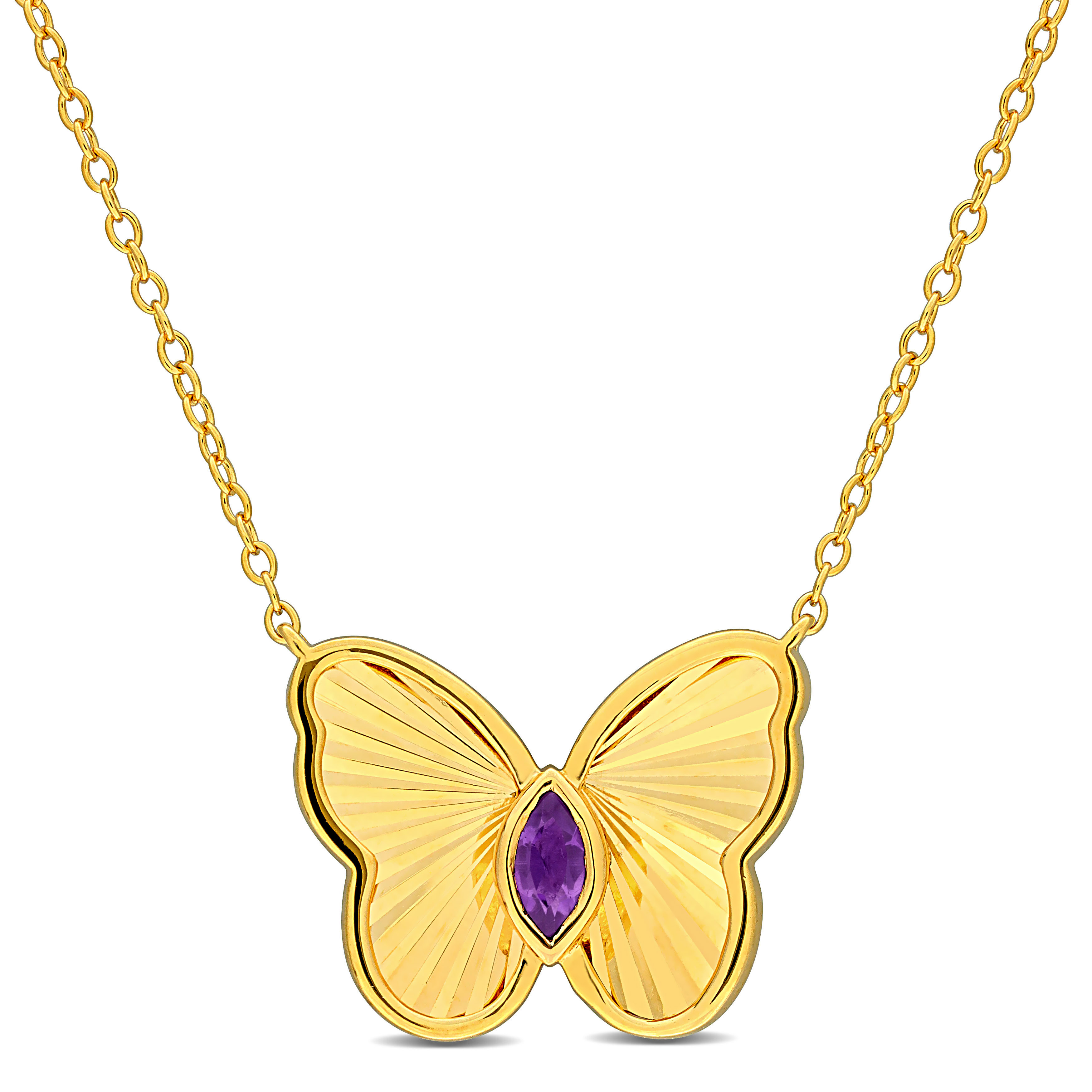 1/8 CT TGW Amethyst Butterfly Necklace with Chain in Yellow Plated Sterling Silver - 17 in