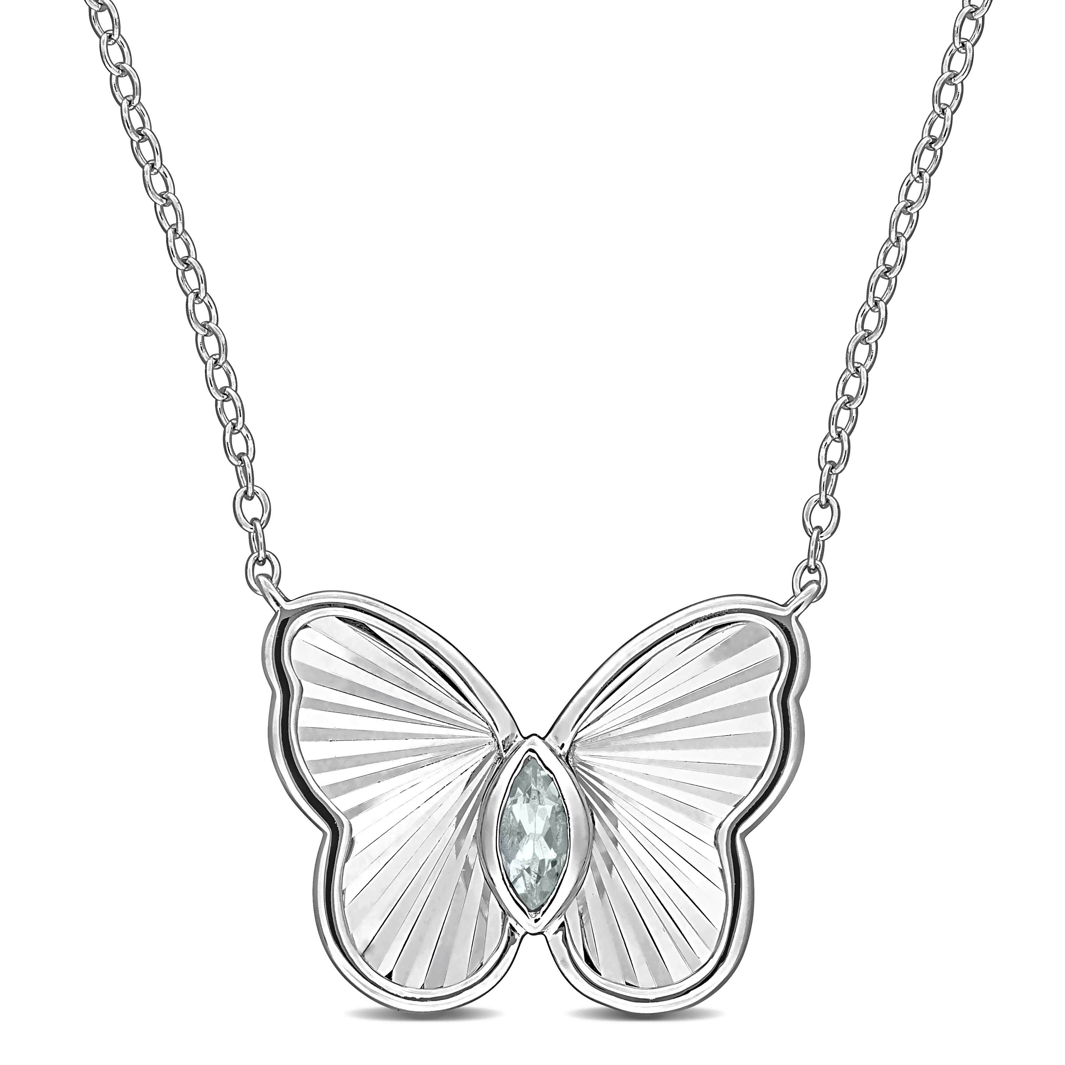 1/7 CT TGW Aquamarine Butterfly Necklace in Sterling Silver - 17 in