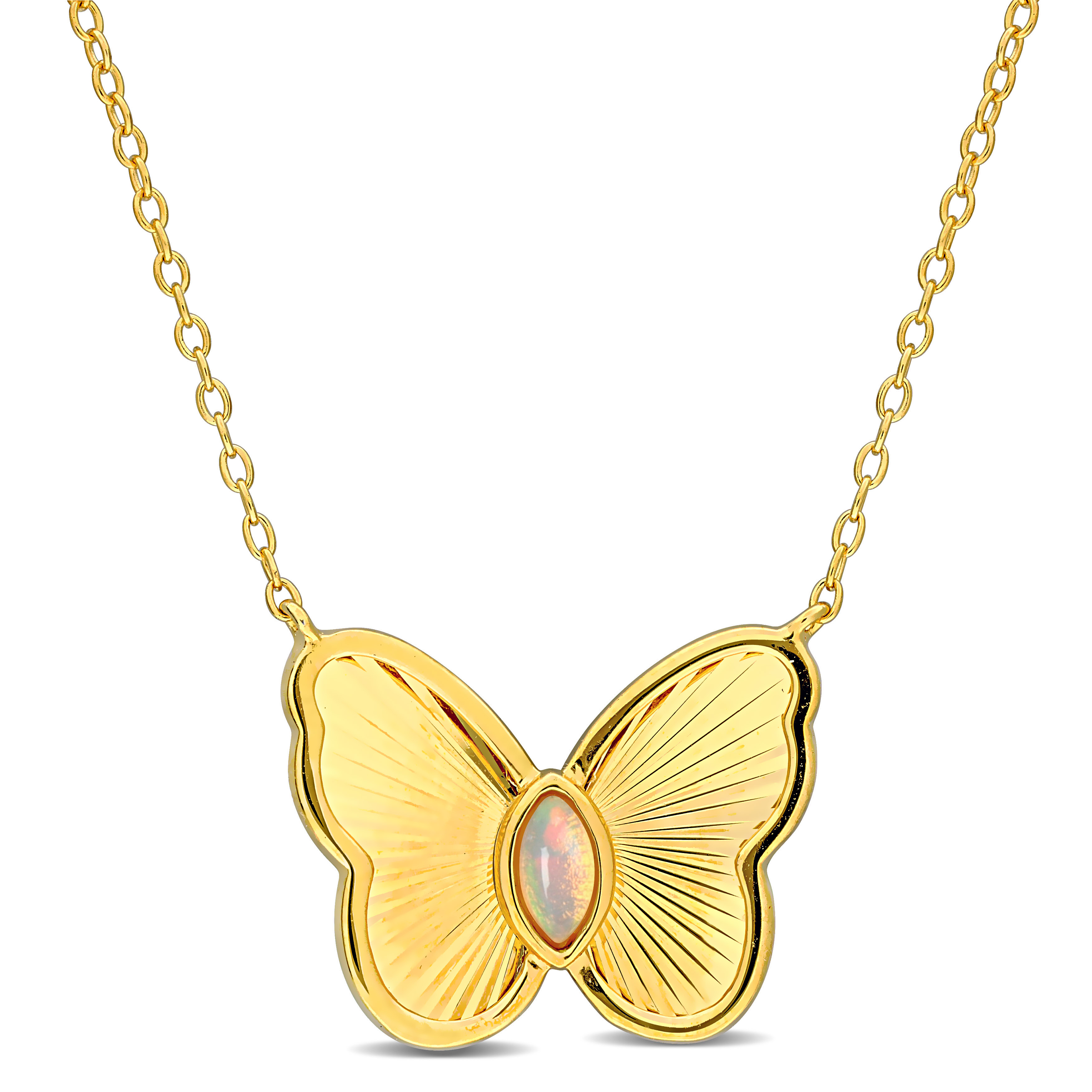 1/10 CT TGW Ethiopian Blue Opal Butterfly Necklace in Yellow Plated Sterling Silver - 17 in