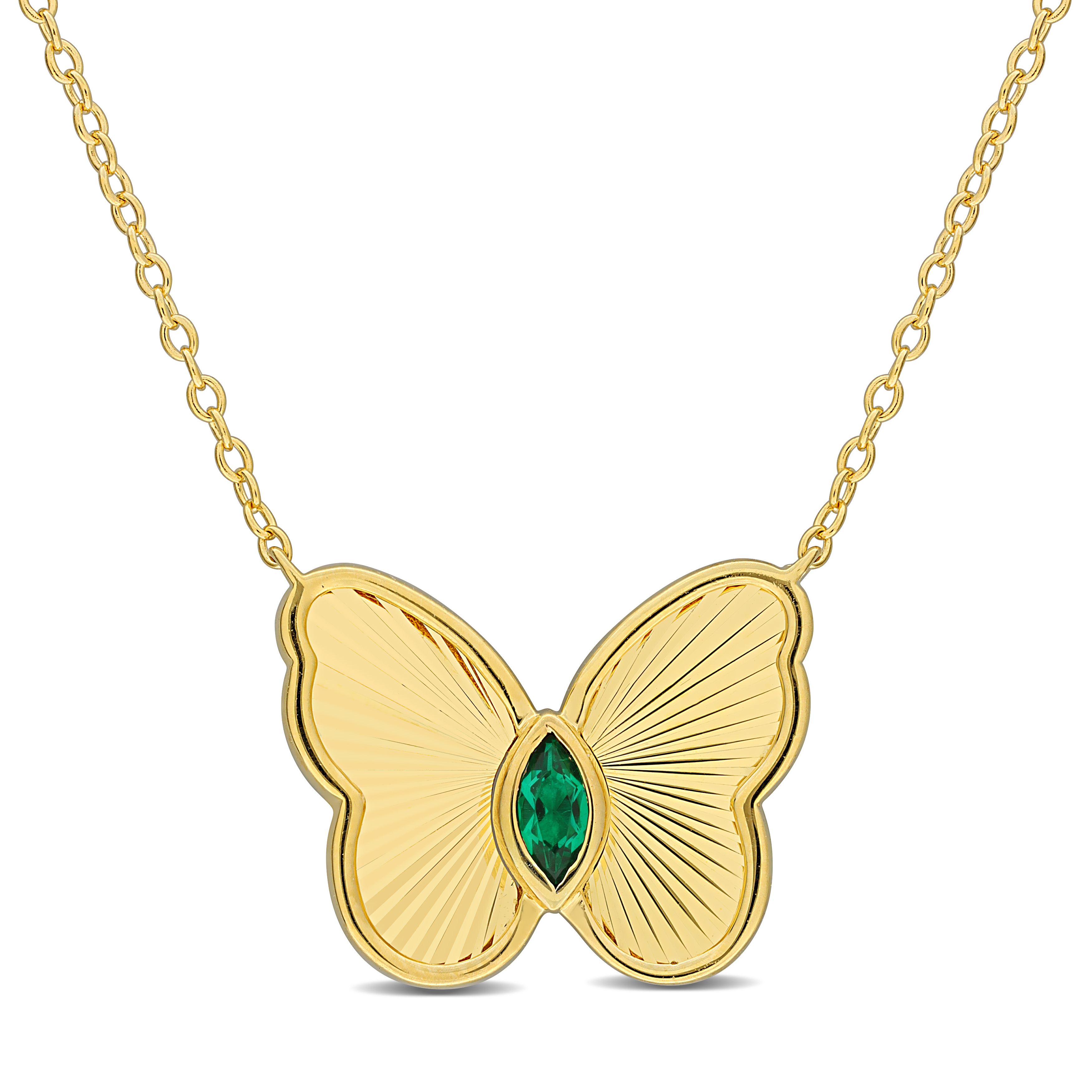 1/5 CT TGW Created Emerald Butterfly Necklace in Yellow Plated Sterling Silver - 17 in