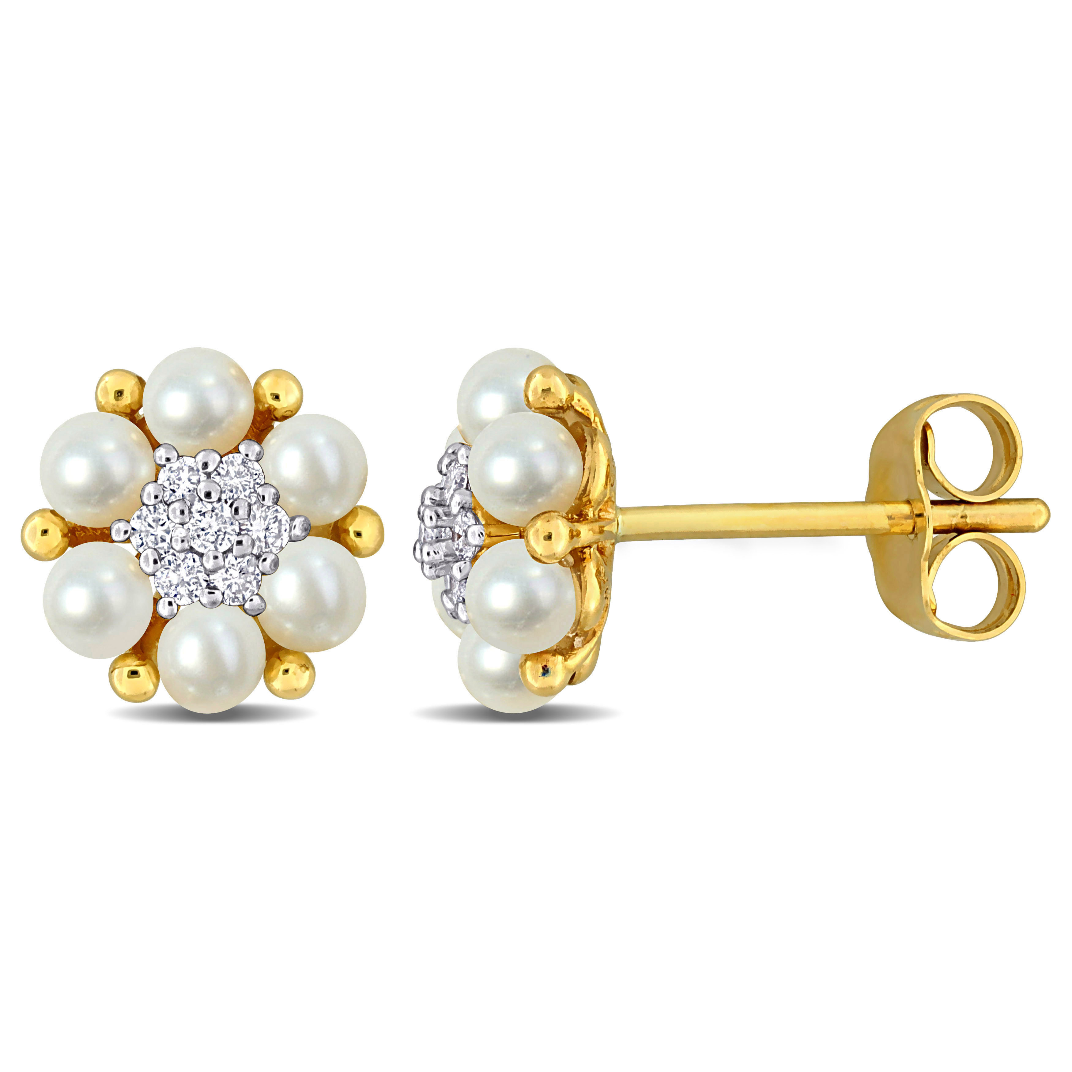 2.5-3mm Cultured Freshwater Pearl and 1/10ct TW Diamond Stud Earrings in 14k Yellow Gold