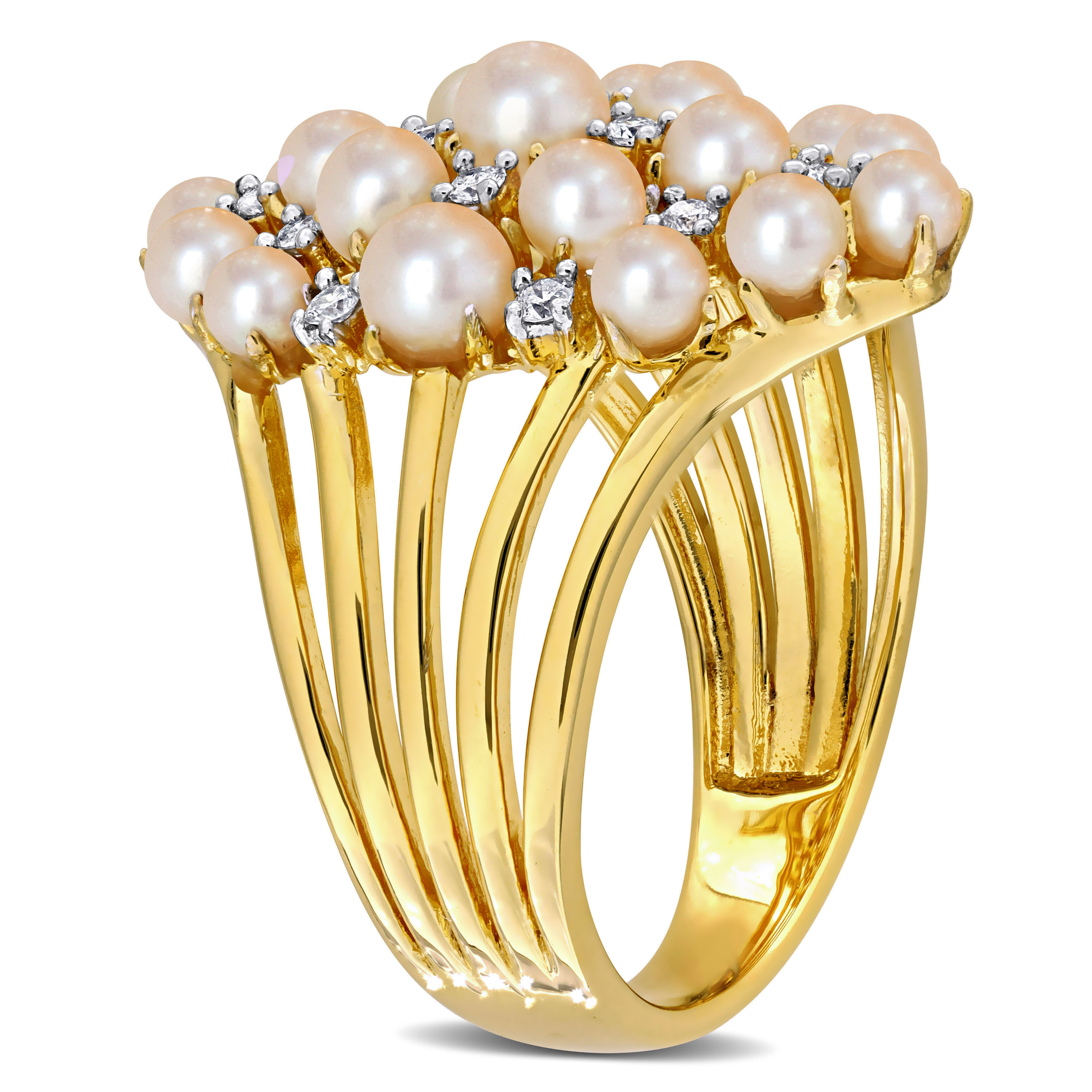 3.5-4mm Cultured Freshwater Pearl and 1/5ct TDW Diamond Cluster Ring in Yellow Plated Sterling Silver