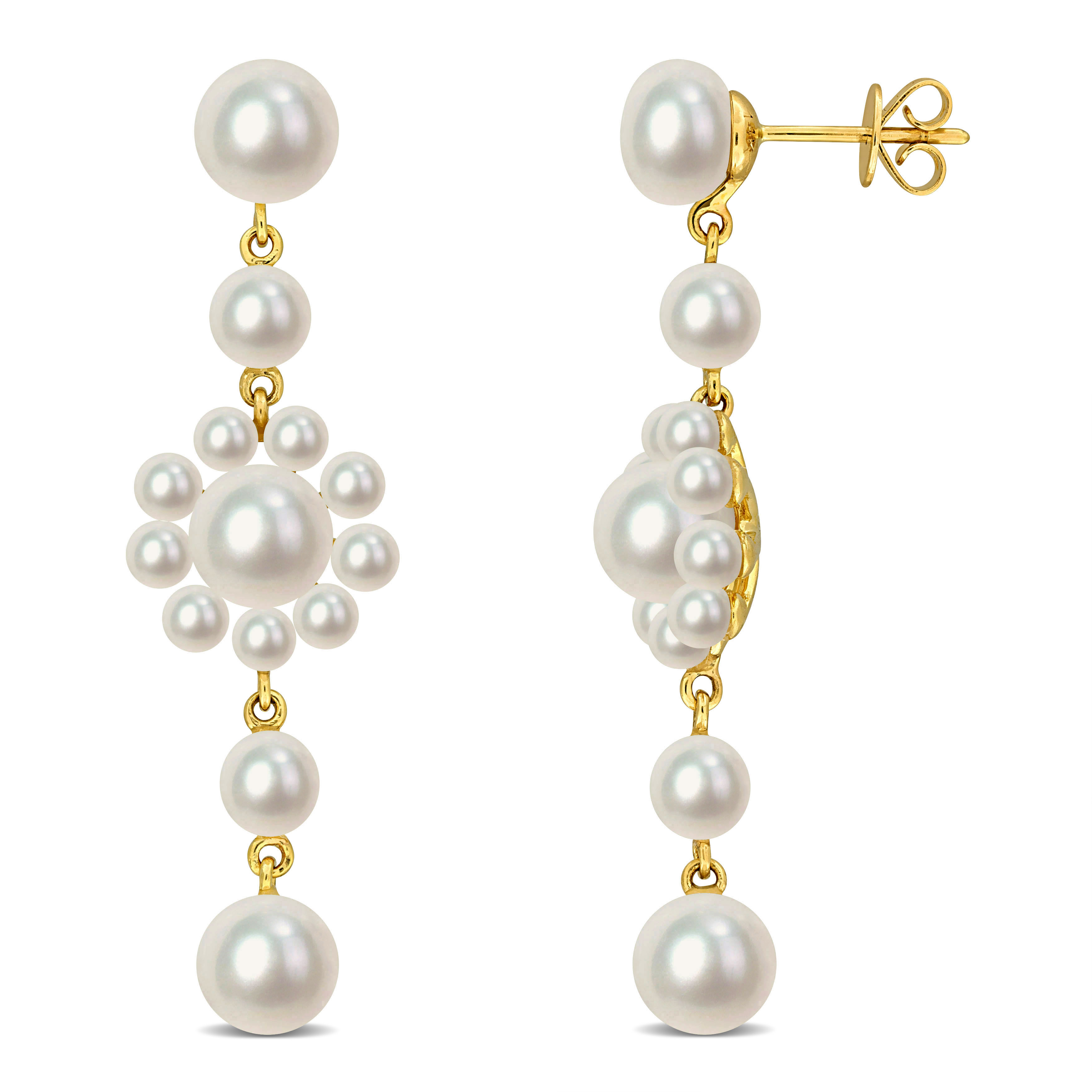 3-7mm Cultured Freshwater Pearl Floral Drop Earrings in 14k Yellow Gold