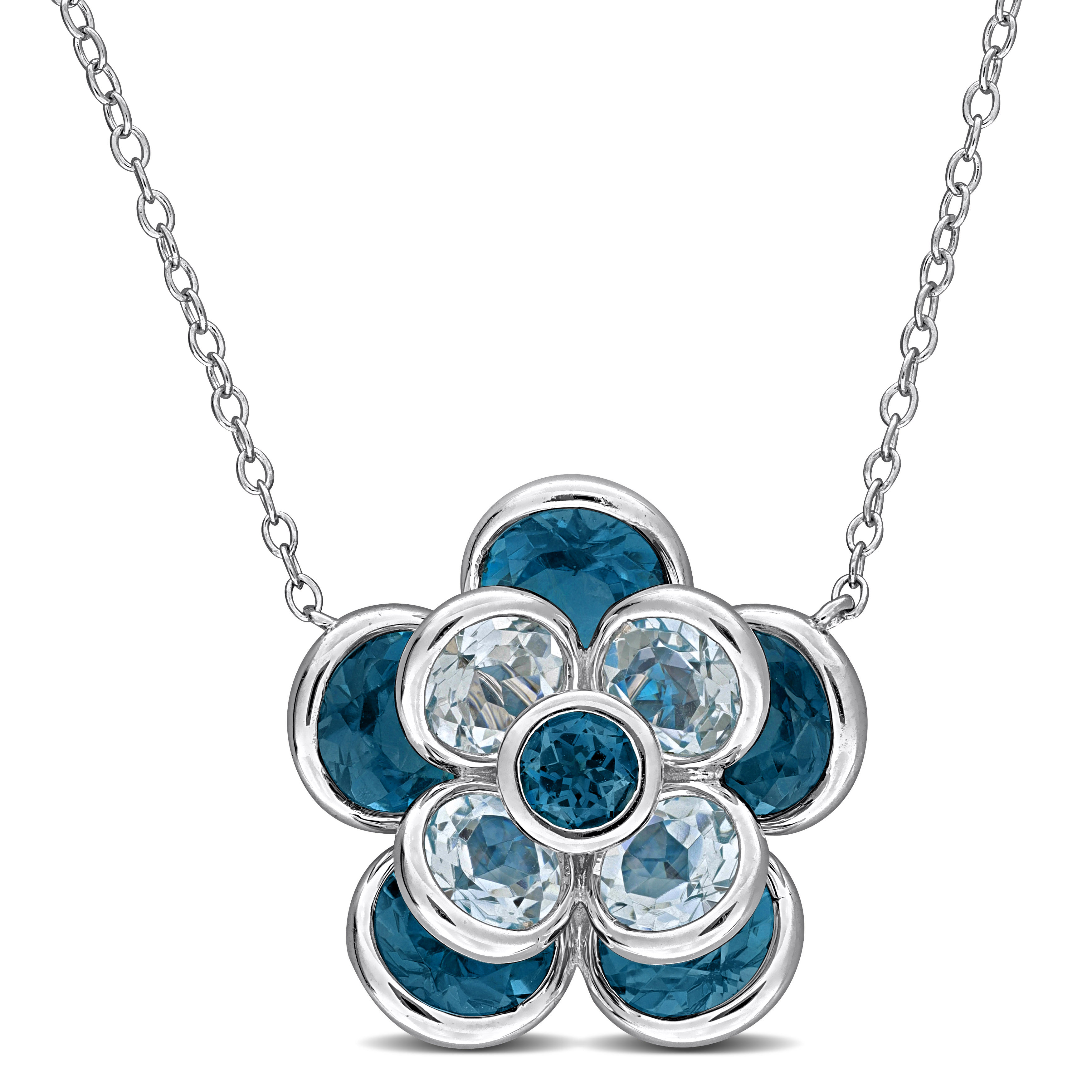 7 1/3 CT TGW London Blue Topaz and Sky Blue Topaz Flower Necklace in Sterling Silver - 17 in