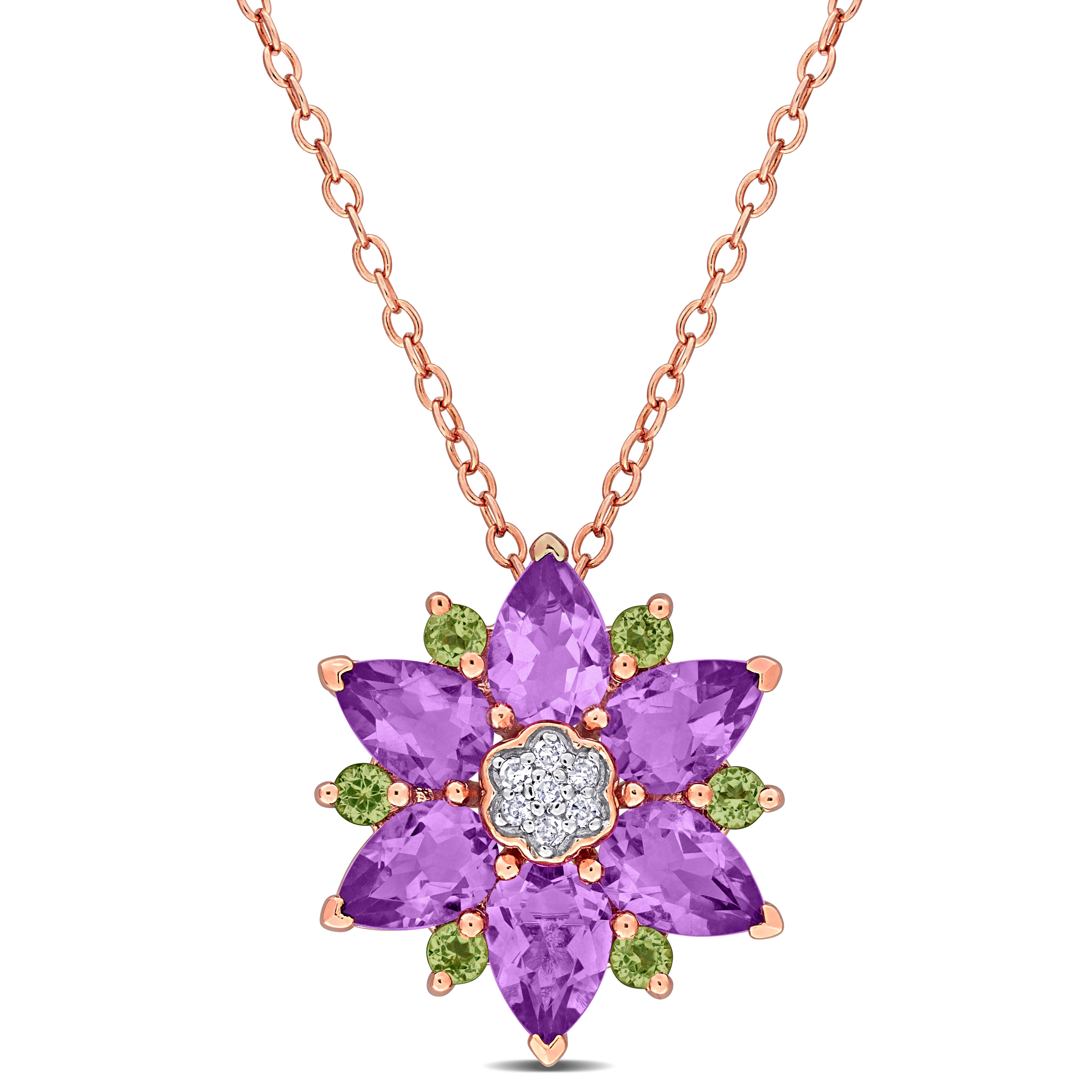 2 1/3 CT TGW Amethyst Peridot and Diamond Accent Flower Pendant with Chain in Rose Plated Sterling Silver - 17 in