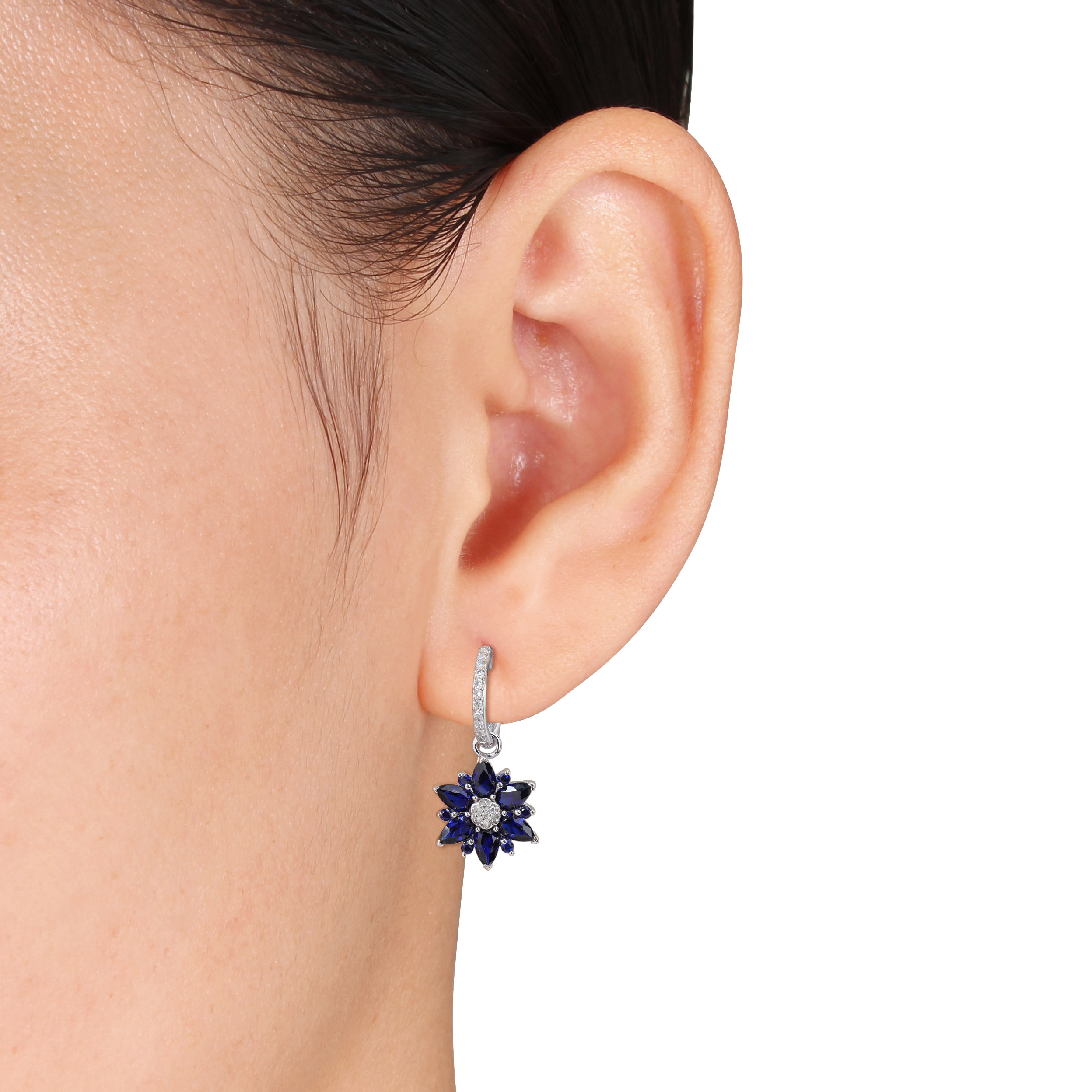 4 2/5 CT TGW Created Blue Sapphire and 1/6 CT TW Diamond Flower Hoop Earrings in Sterling Silver