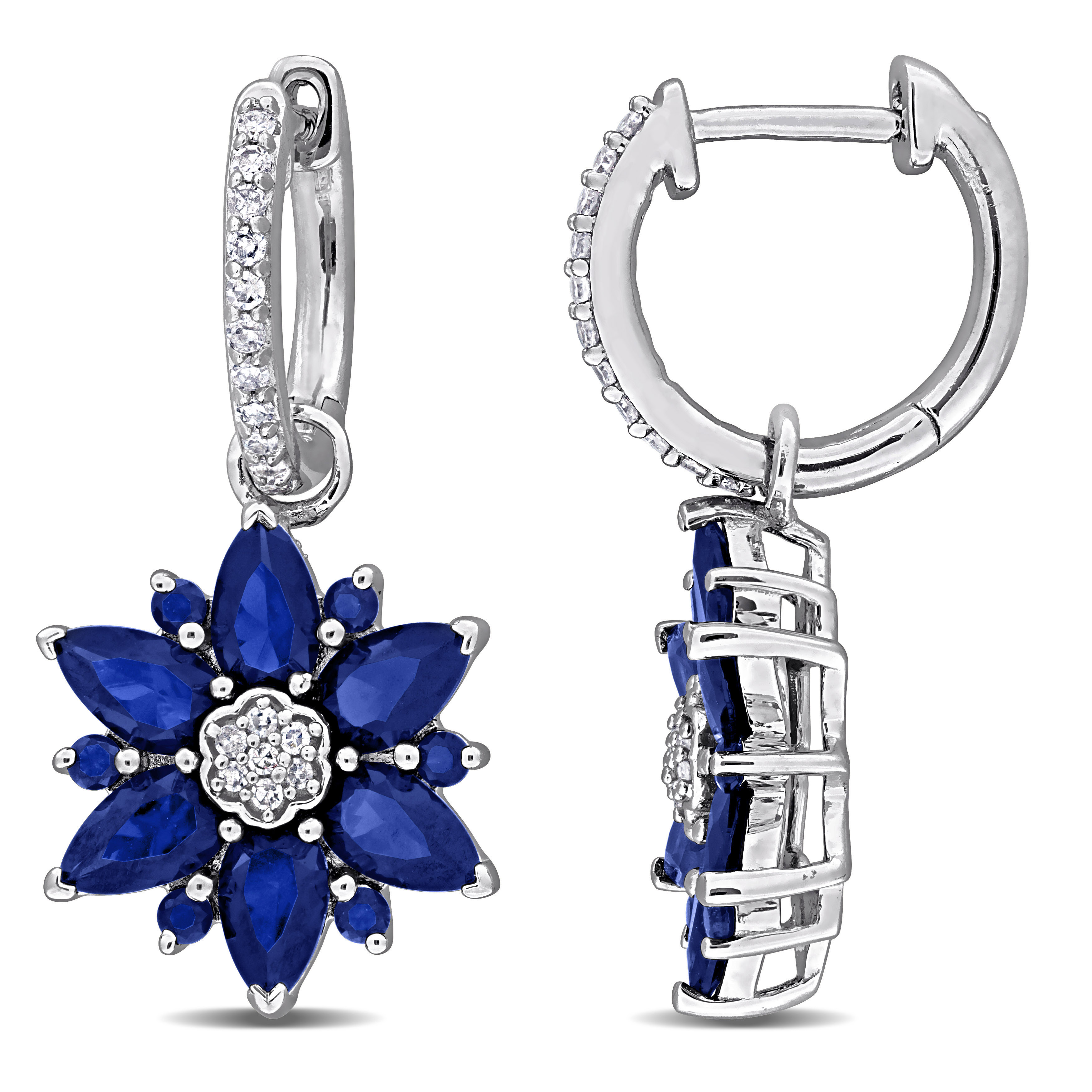 4 2/5 CT TGW Created Blue Sapphire and 1/6 CT TW Diamond Flower Hoop Earrings in Sterling Silver