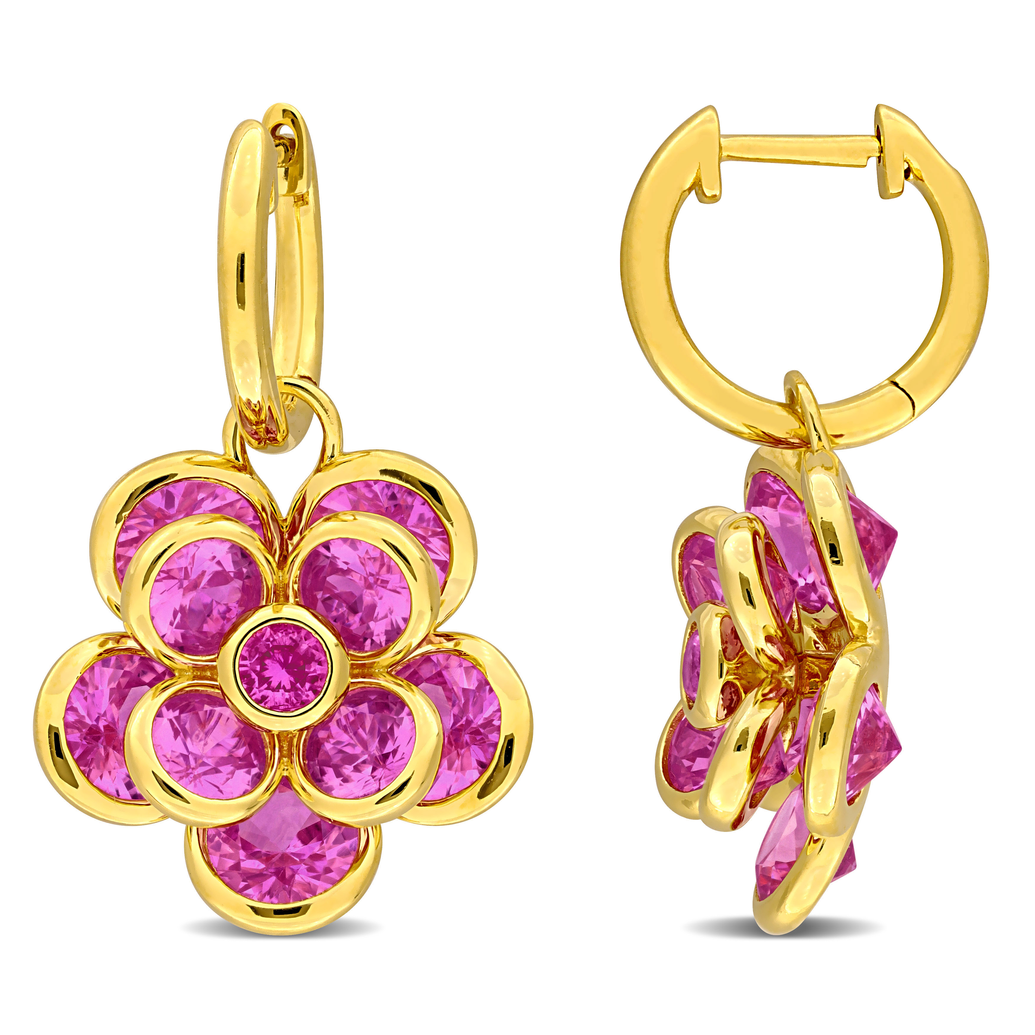 7 1/2 CT TGW Created Pink Sapphire Flower Drop Earrings in Yellow Plated Sterling Silver