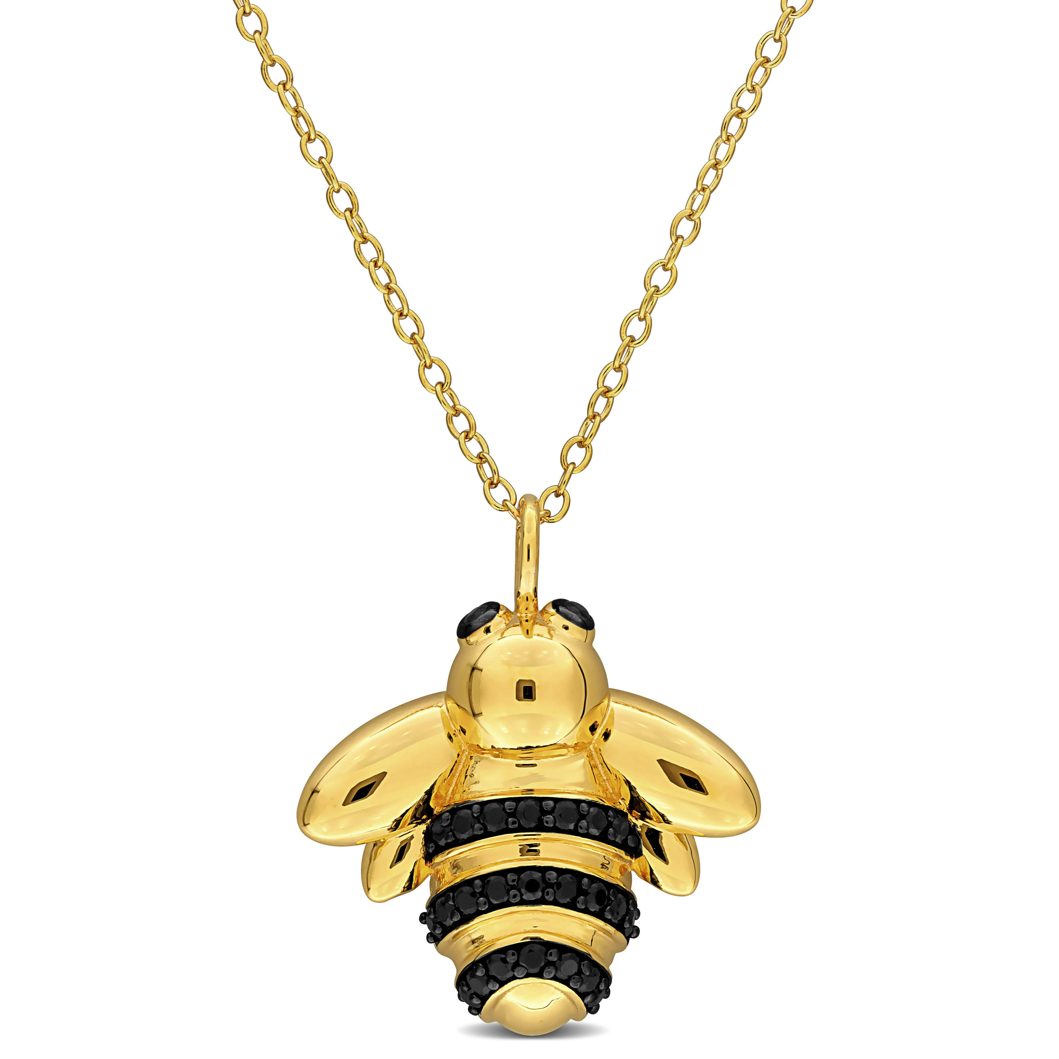 5/8 CT TGW Black Spinel Bee Pendant with Chain in Yellow Plated Sterling Silver - 17 in