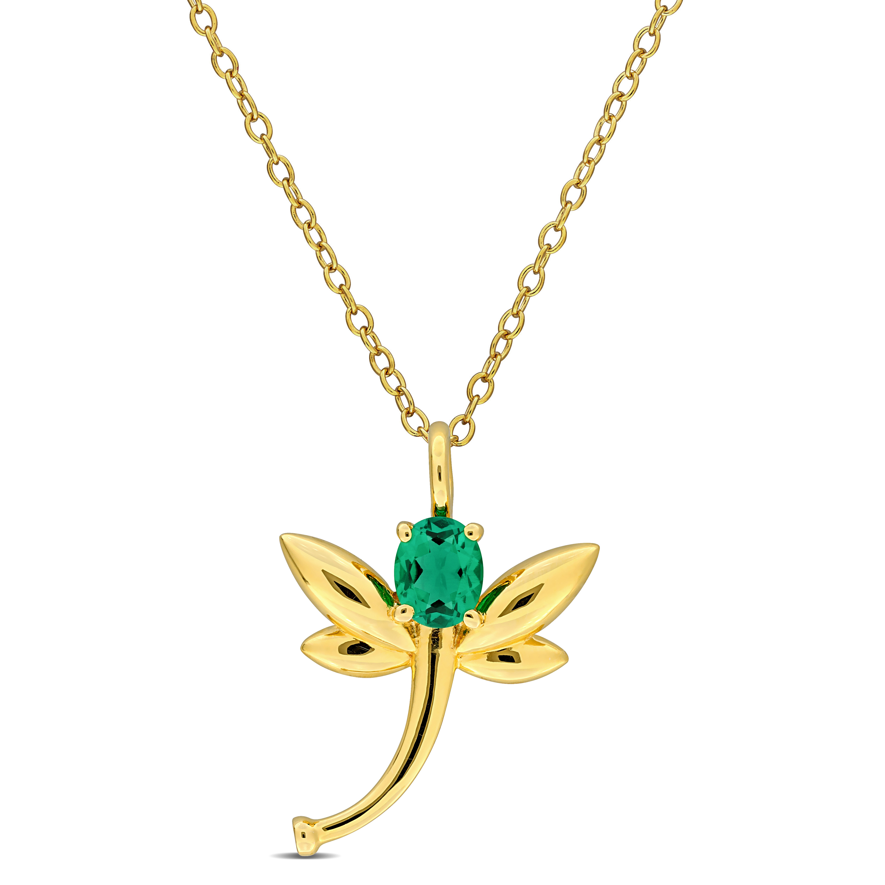 1/3 CT TGW Created Emerald and Diamond Accent Dragonfly Pendant with Chain in Yellow Plated Sterling Silver - 18 in