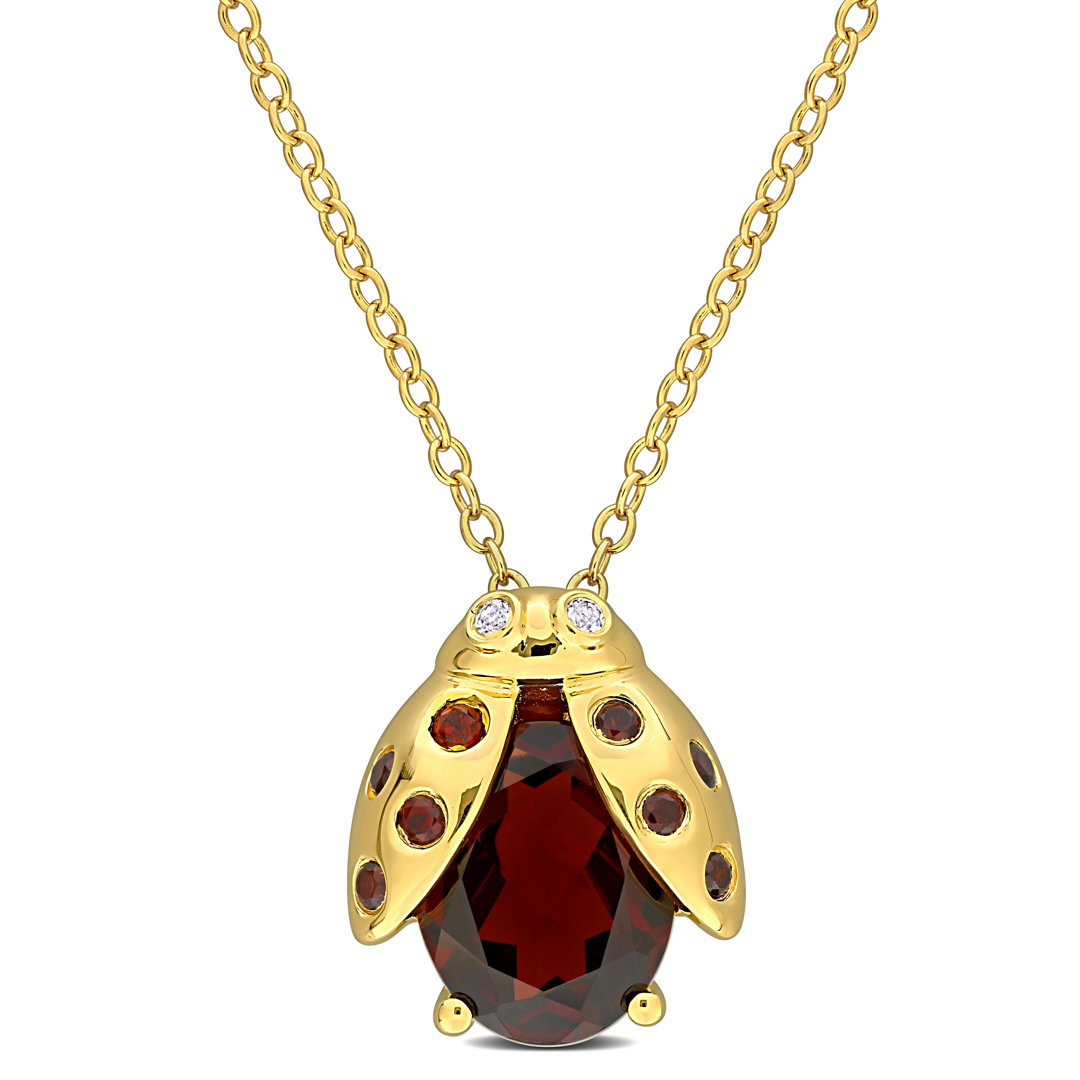 3 1/10 CT TGW Garnet and White Topaz Ladybug Pendant with Chain in Yellow Plated Sterling Silver - 17 in