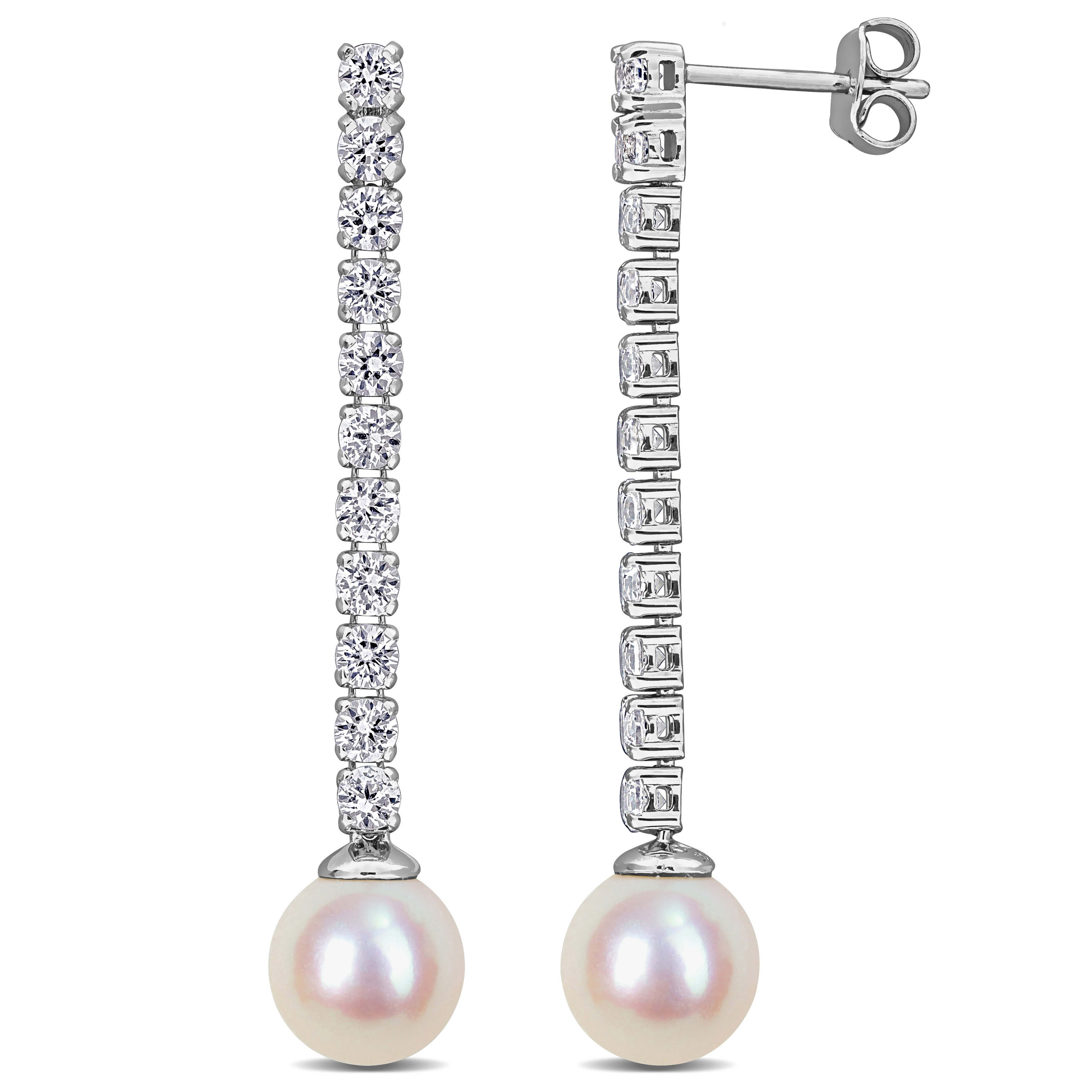 Cultured Freshwater Pearl and 2 5/8ct Created White Sapphire Drop Earrings in Sterling Silver