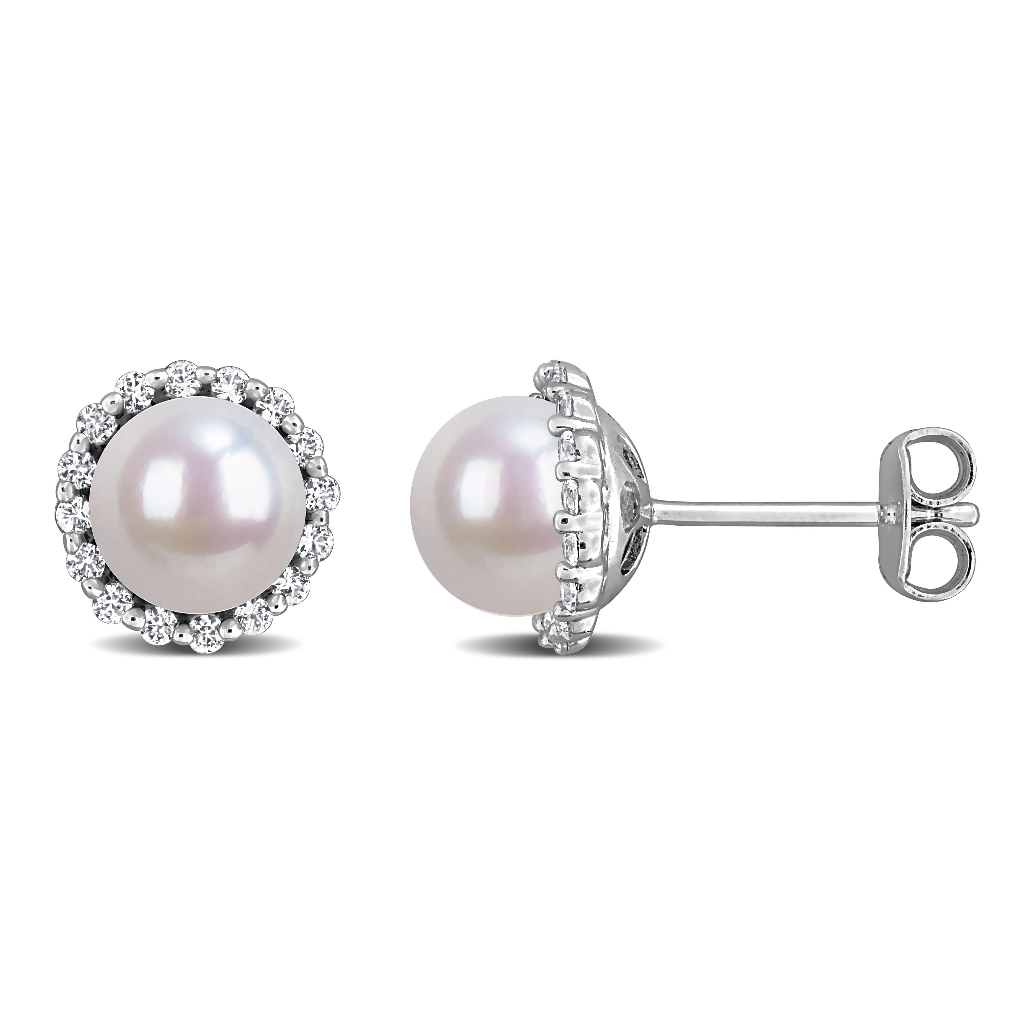 7-7.5mm Cultured Freshwater Pearl and 1/3ct TGW Created White Sapphire Halo Stud Earrings in Sterling Silver