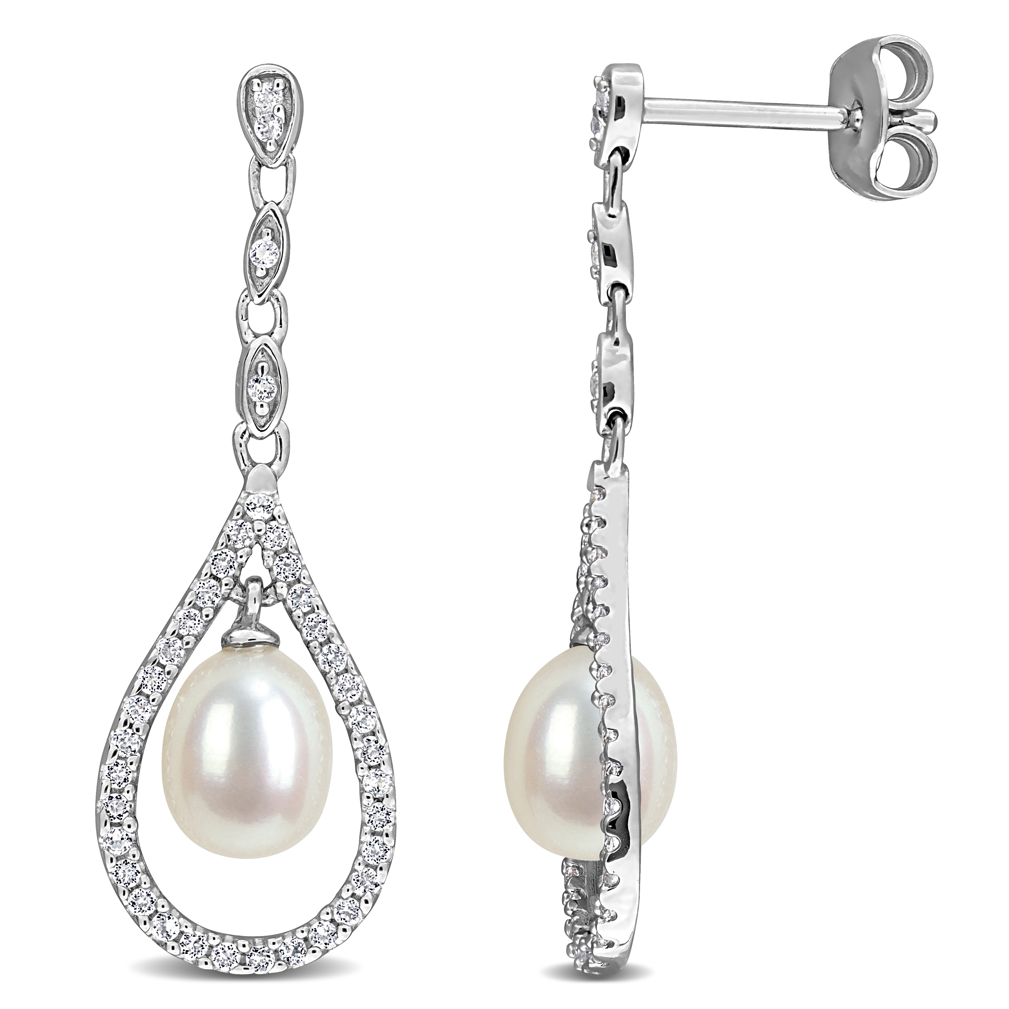 6-6.5mm Cultured Freshwater Pearl and 3/8ct TGW White Topaz Drop Earrings in Sterling Silver