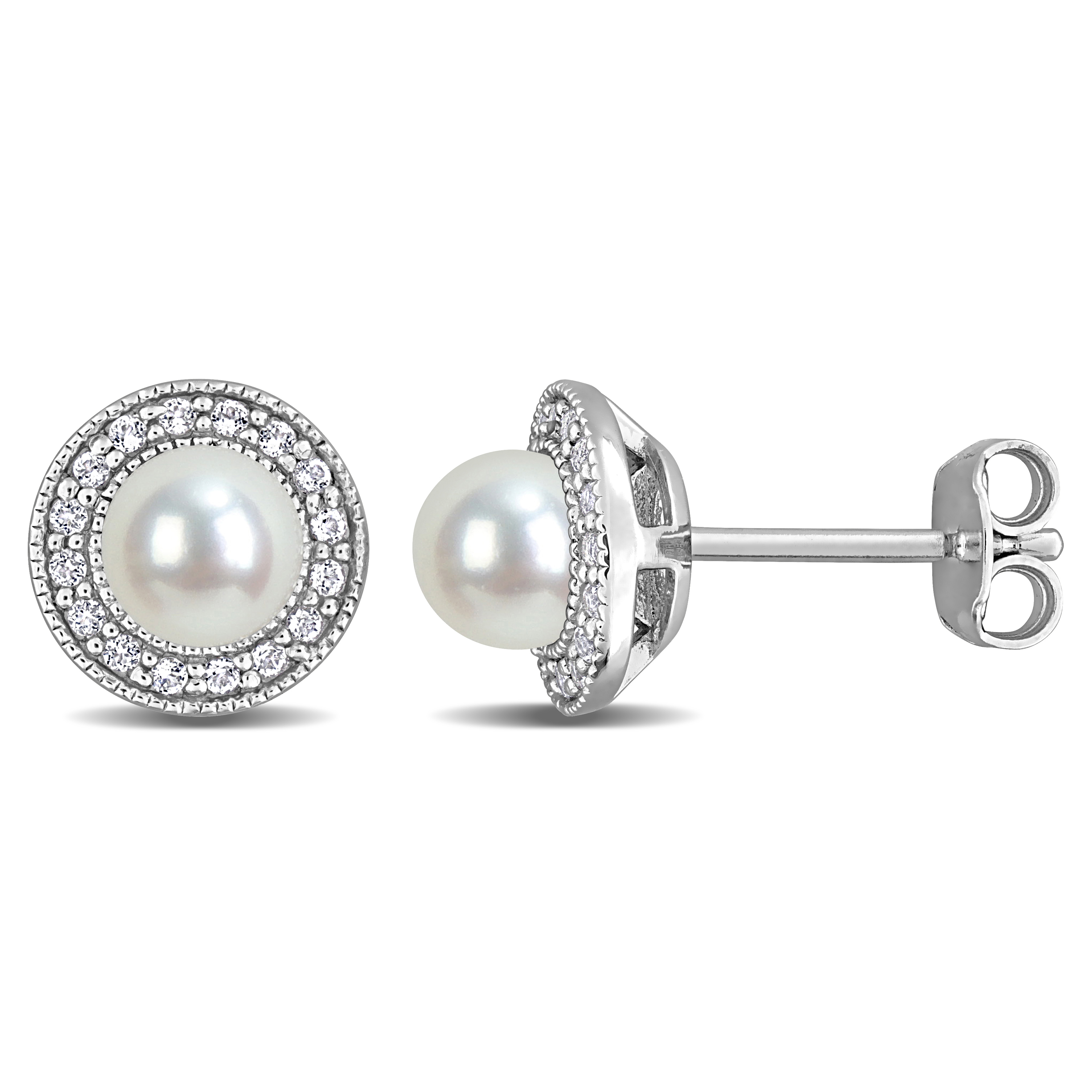 4.5-5mm Cultured Freshwater Pearl and 1/6ct TGW White Topaz Halo Stud Earrings in Sterling Silver