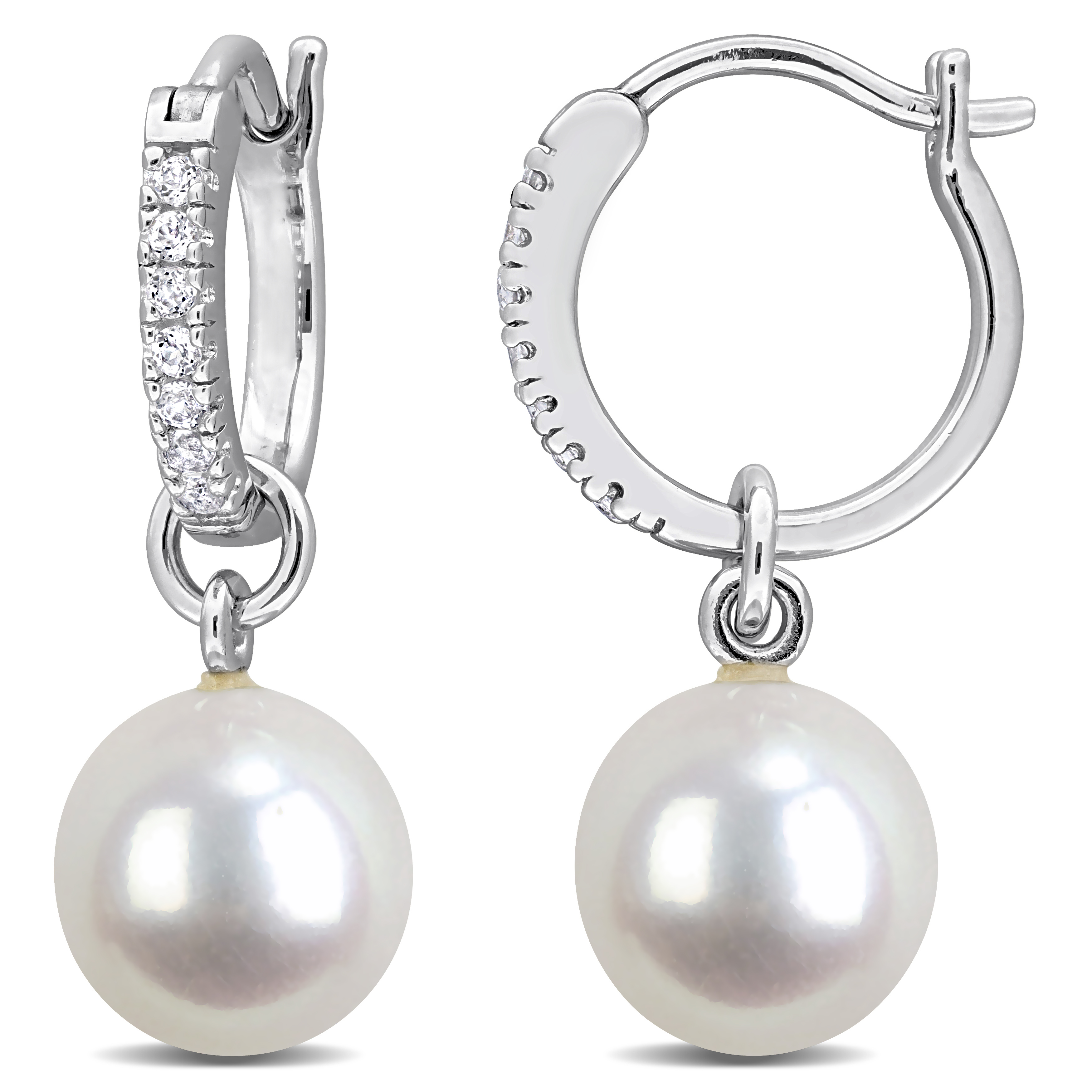 9-9.5mm Cultured Freshwater Pearl and 1/3ct TGW White Topaz Drop Earrings in Sterling Silver