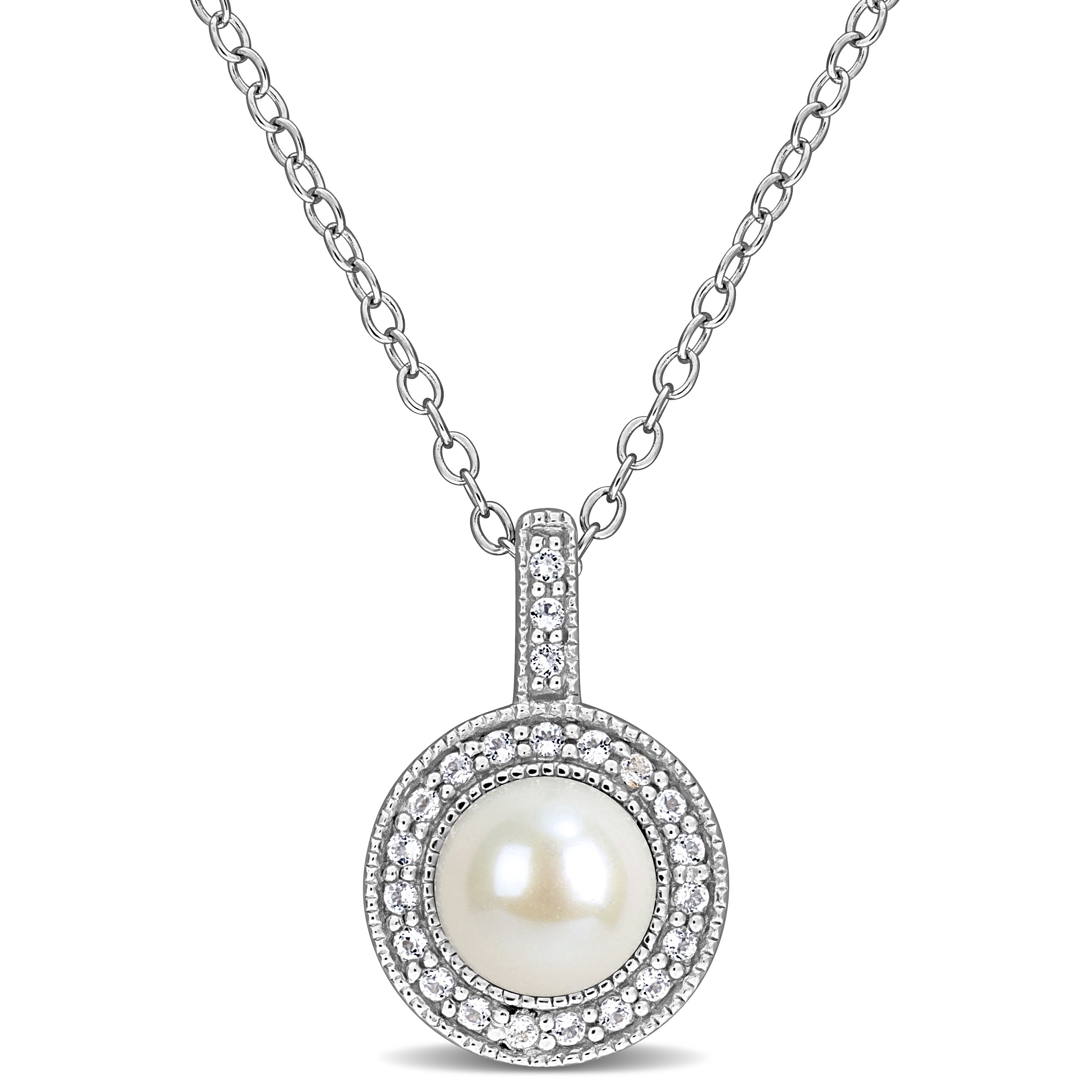 5.5-6mm Cultured Freshwater Pearl and 1/10ct TGW White Topaz Halo Pendant with Chain in Sterling Silver - 18 in