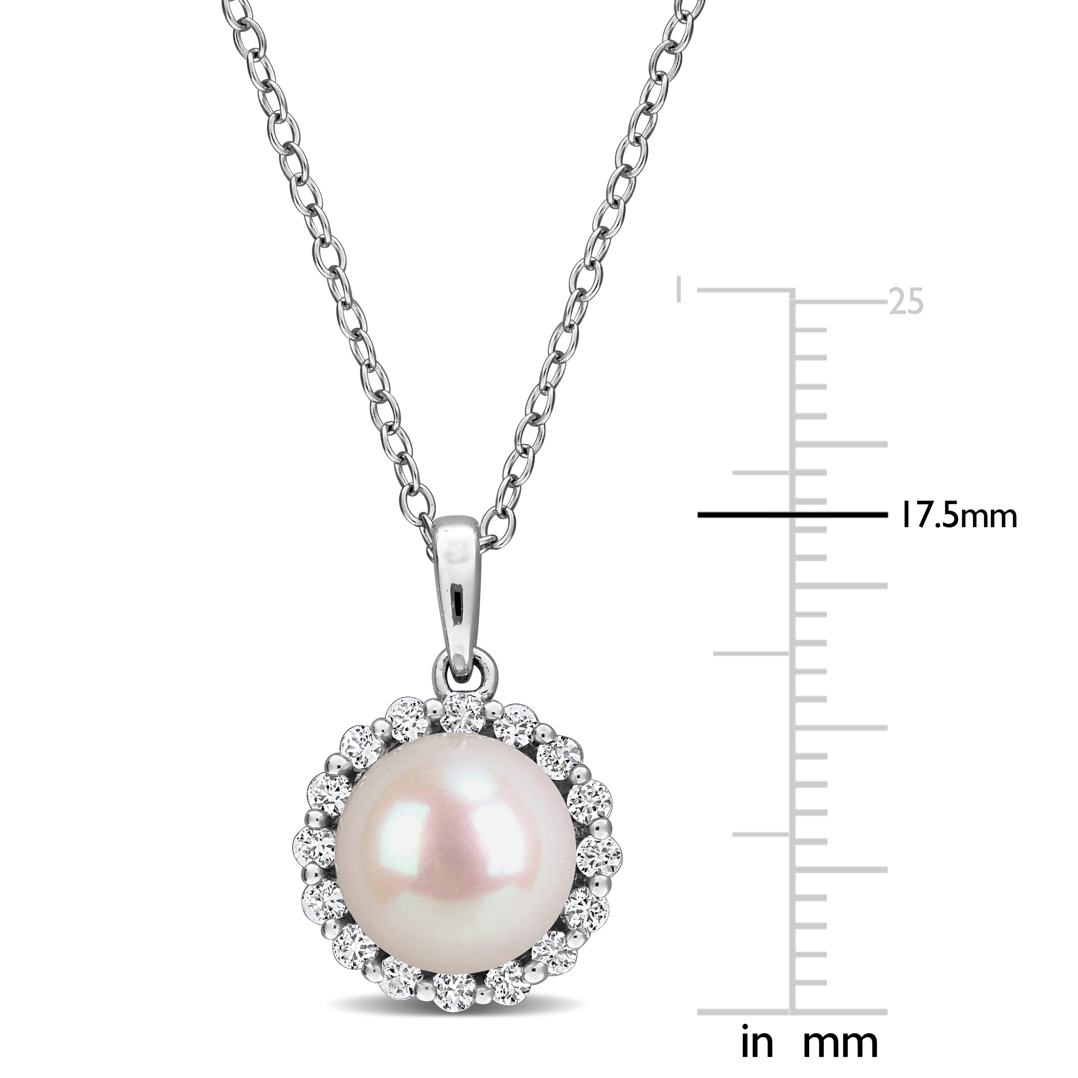 8-8.5mm Cultured Freshwater Pearl and 1/3ct TGW Created White Sapphire Halo Pendant with Chain in Sterling Silver - 18 in