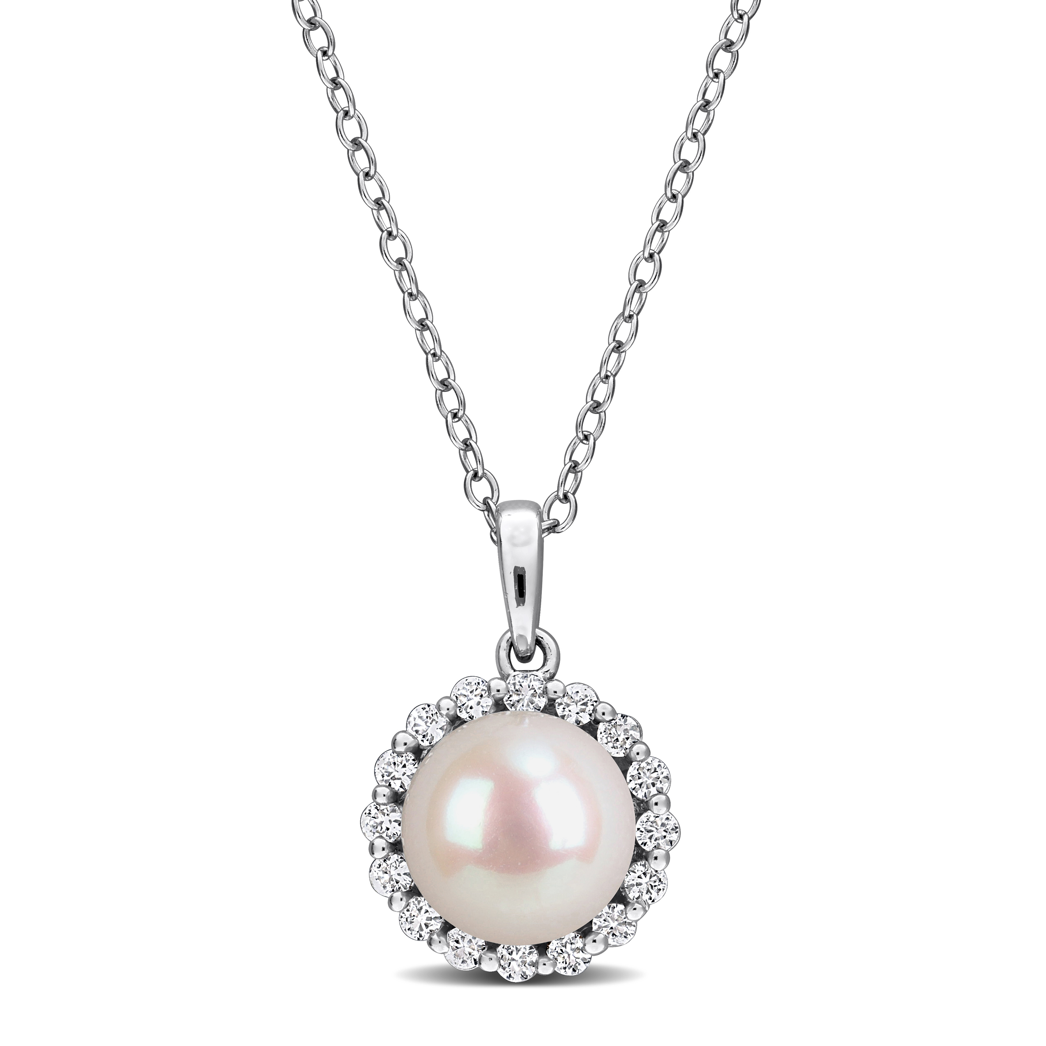8-8.5mm Cultured Freshwater Pearl and 1/3ct TGW Created White Sapphire Halo Pendant with Chain in Sterling Silver - 18 in