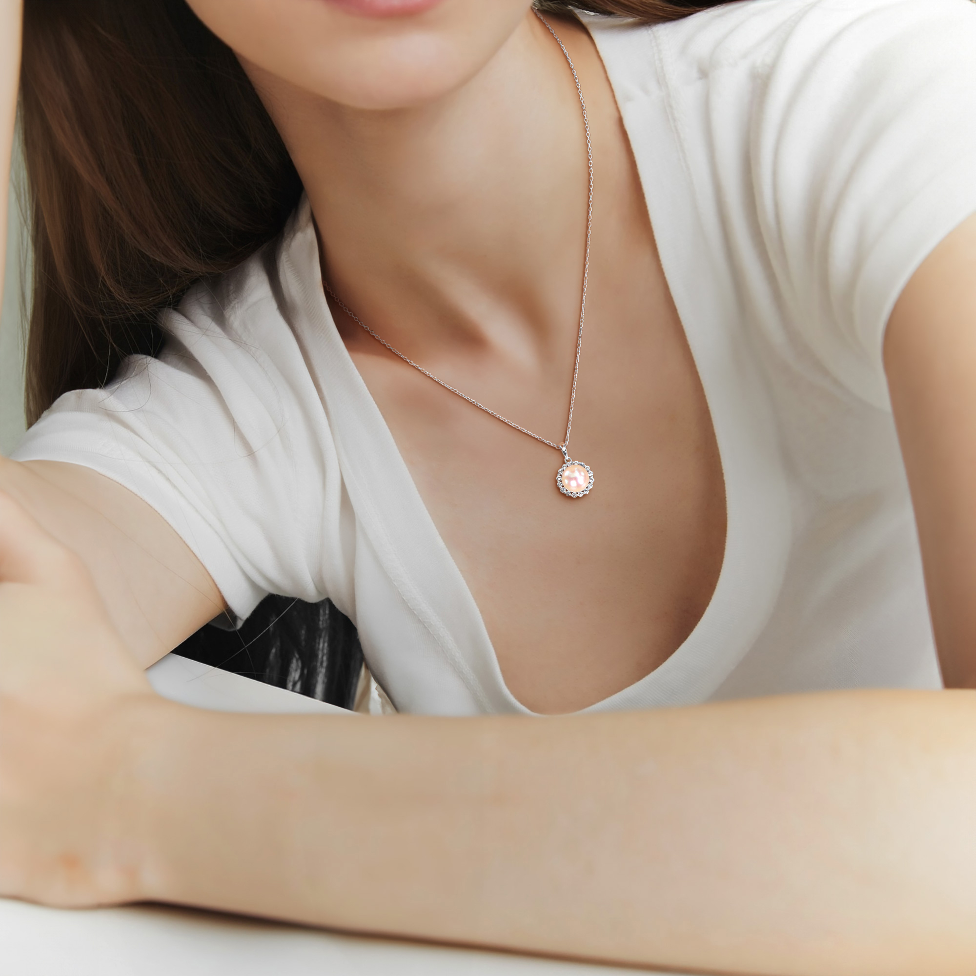 8-8.5mm Cultured Freshwater Pearl and 1/3ct TGW Created White Sapphire Halo Pendant with Chain in Sterling Silver - 18 in