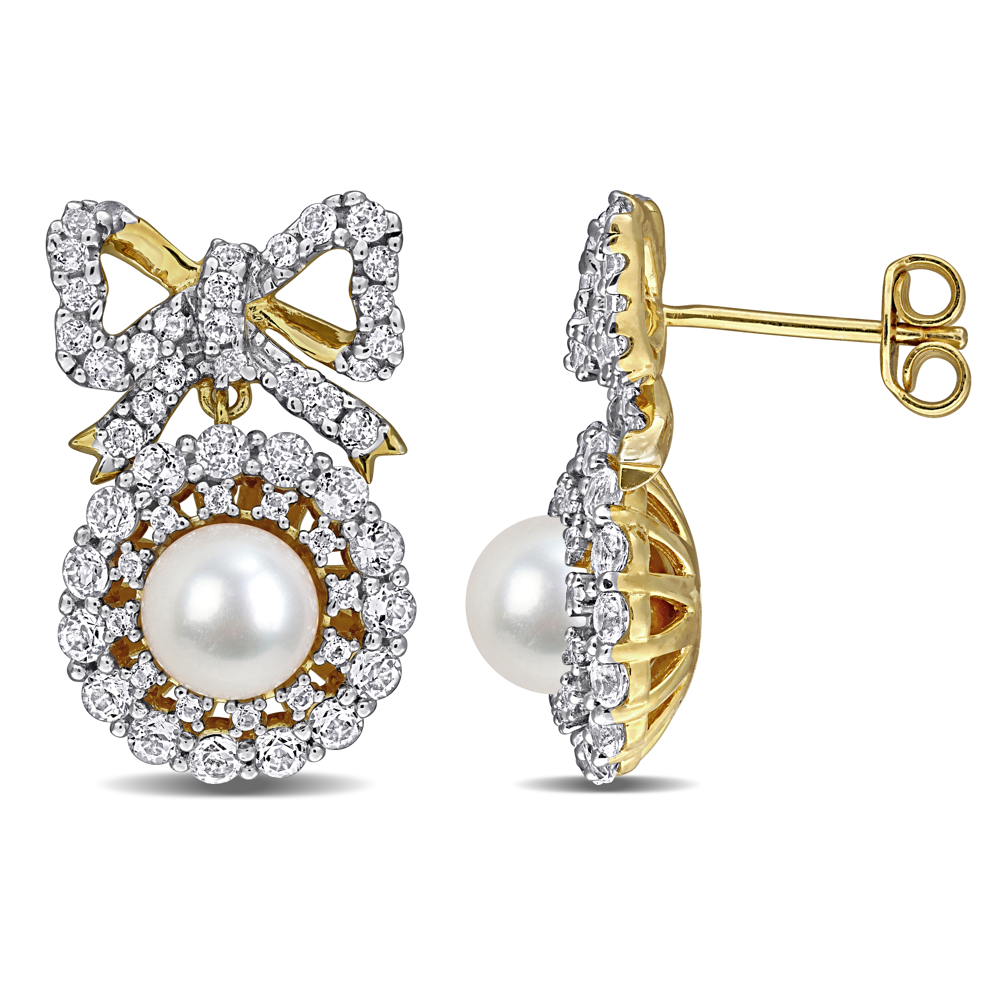 6-6.5mm Cultured Freshwater Pearl and 2 1/5ct TGW White Topaz Halo and Bow Drop Earrings in Yellow Plated Sterling Silver