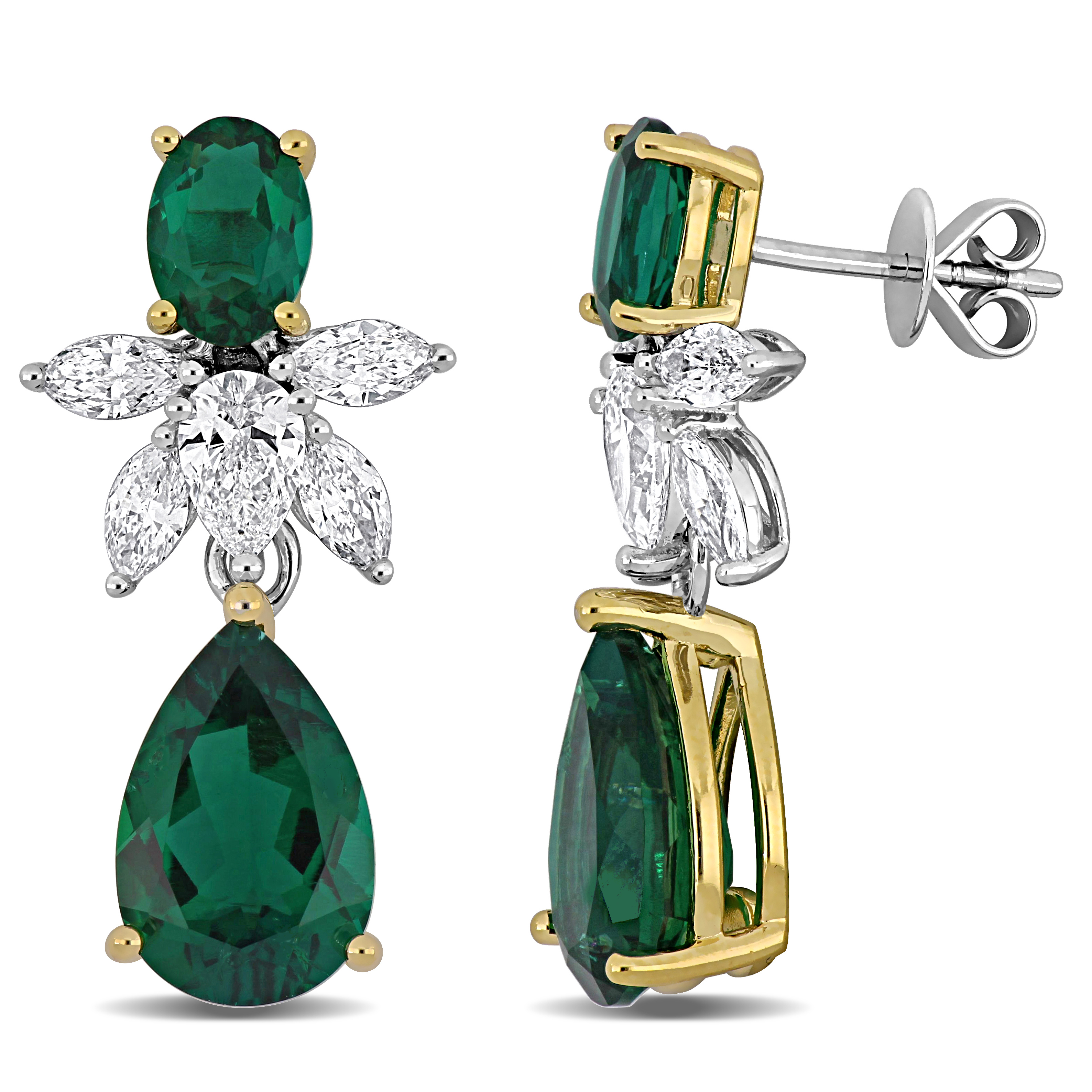 6 4/5ct TGW Created Emerald and 1 5/8ct TW Lab-Grown Diamond Drop Earrings in 14k Two-Tone Gold