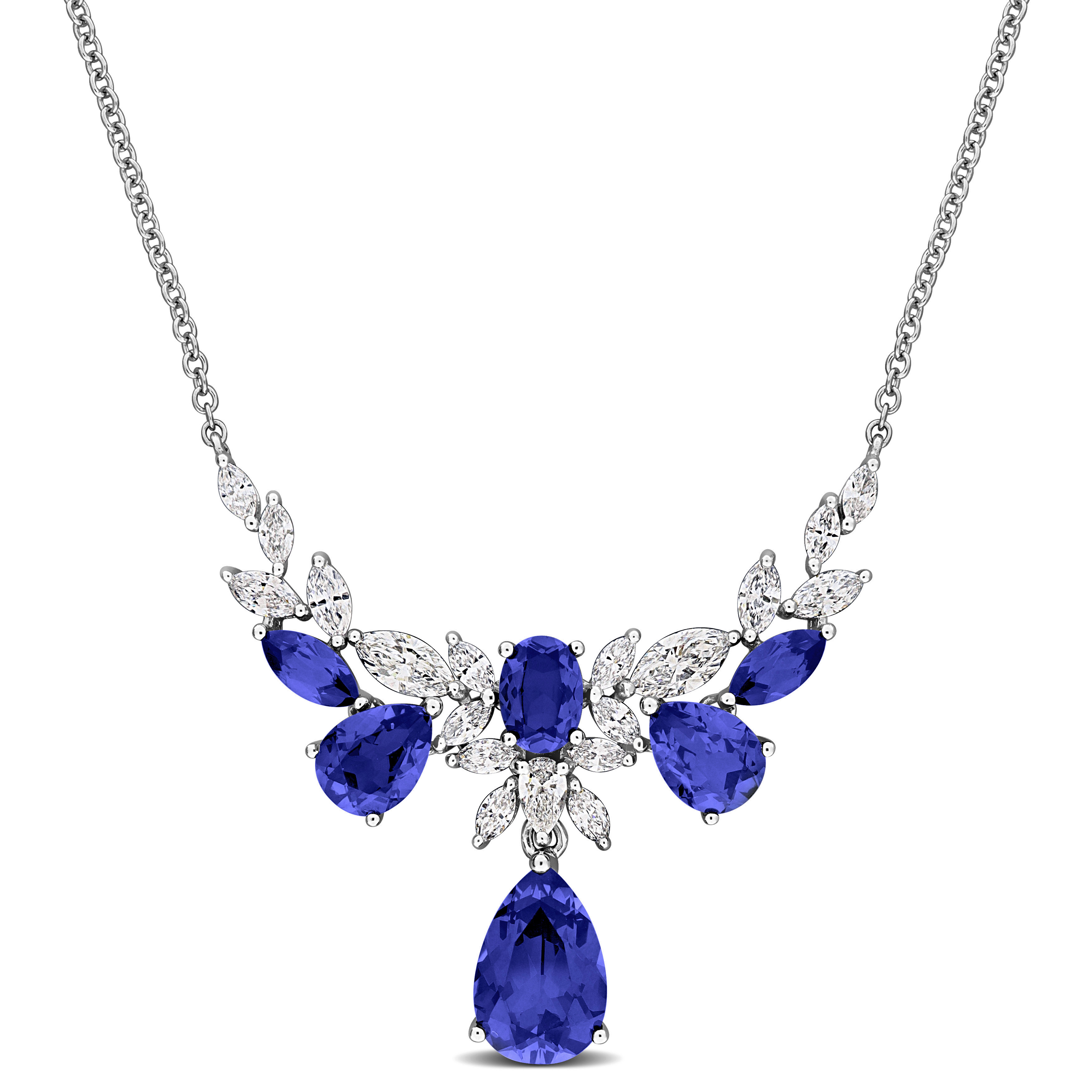 8 5/8ct TGW Created Blue Sapphire and 2ct TW Lab-Grown Diamond Drop Necklace in 14k White Gold - 17 in