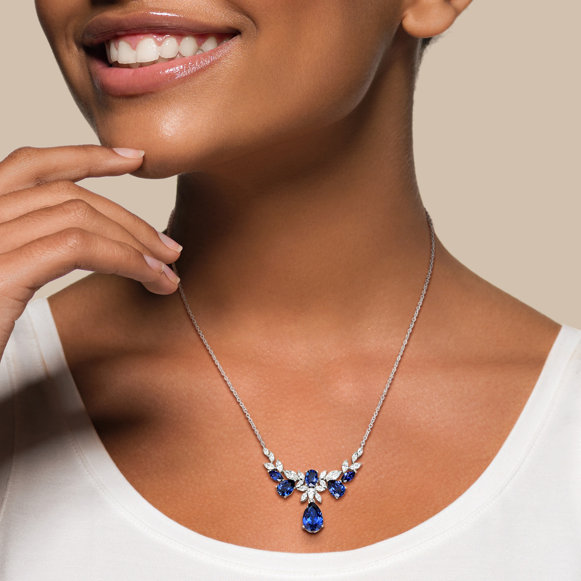 8 5/8ct TGW Created Blue Sapphire and 2ct TW Lab-Grown Diamond Drop Necklace in 14k White Gold - 17 in
