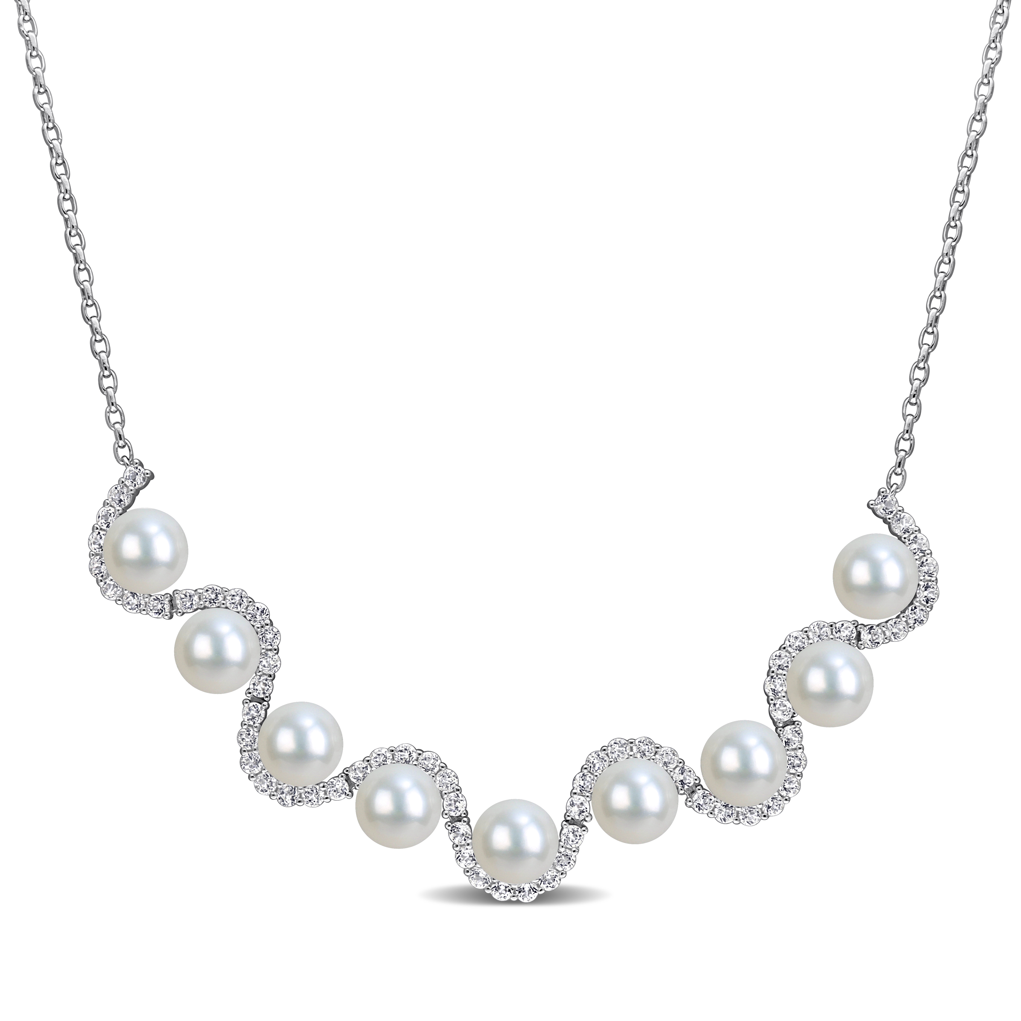 8-8.5mm Cultured Freshwater Pearl and 3 4/5ct TGW White Topaz Necklace in Sterling Silver - 17 in