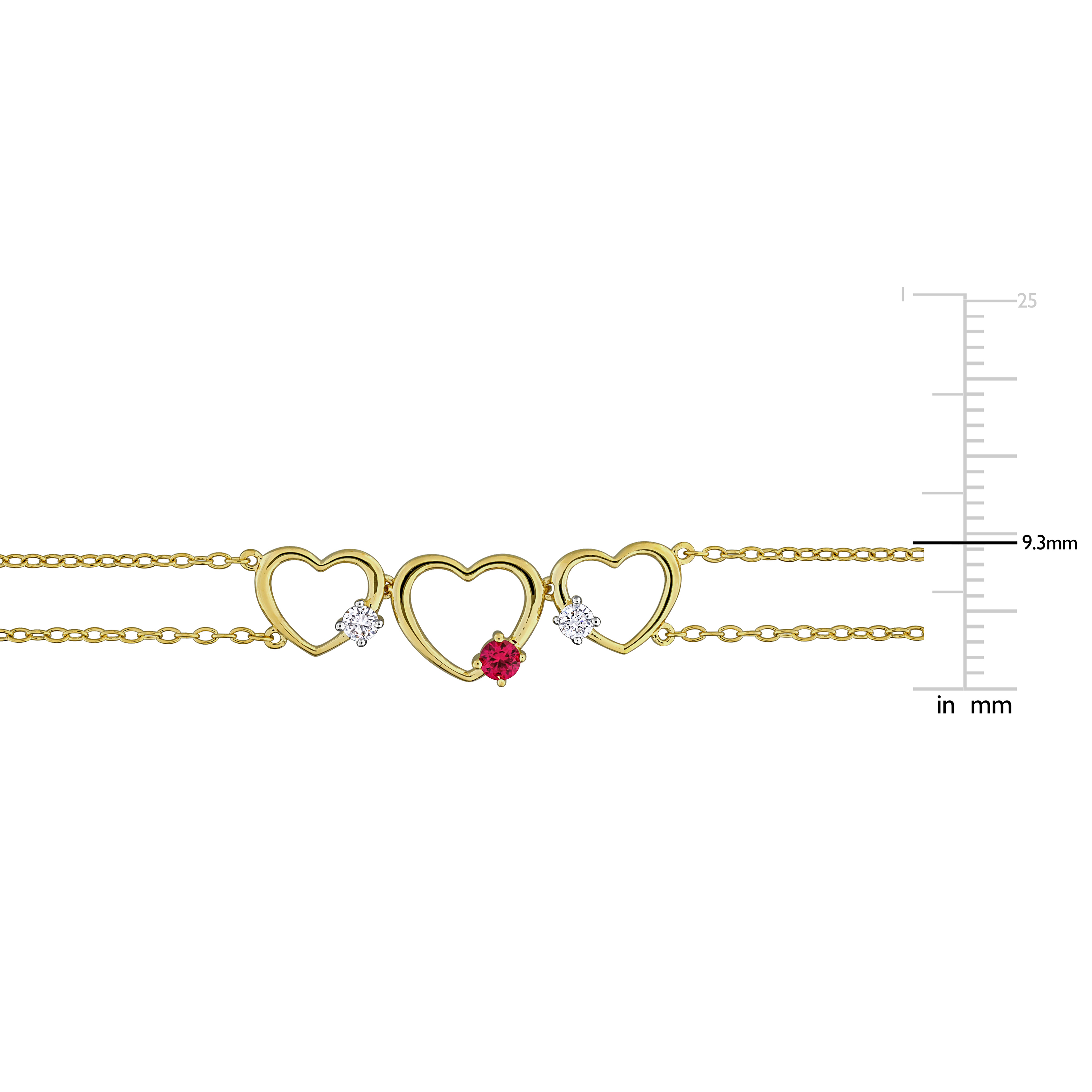 1/6ct TGW Created Ruby and 1/7ct TW Lab-Grown Diamond Triple Heart Bracelet in Yellow Plated Sterling Silver - 7.25 in