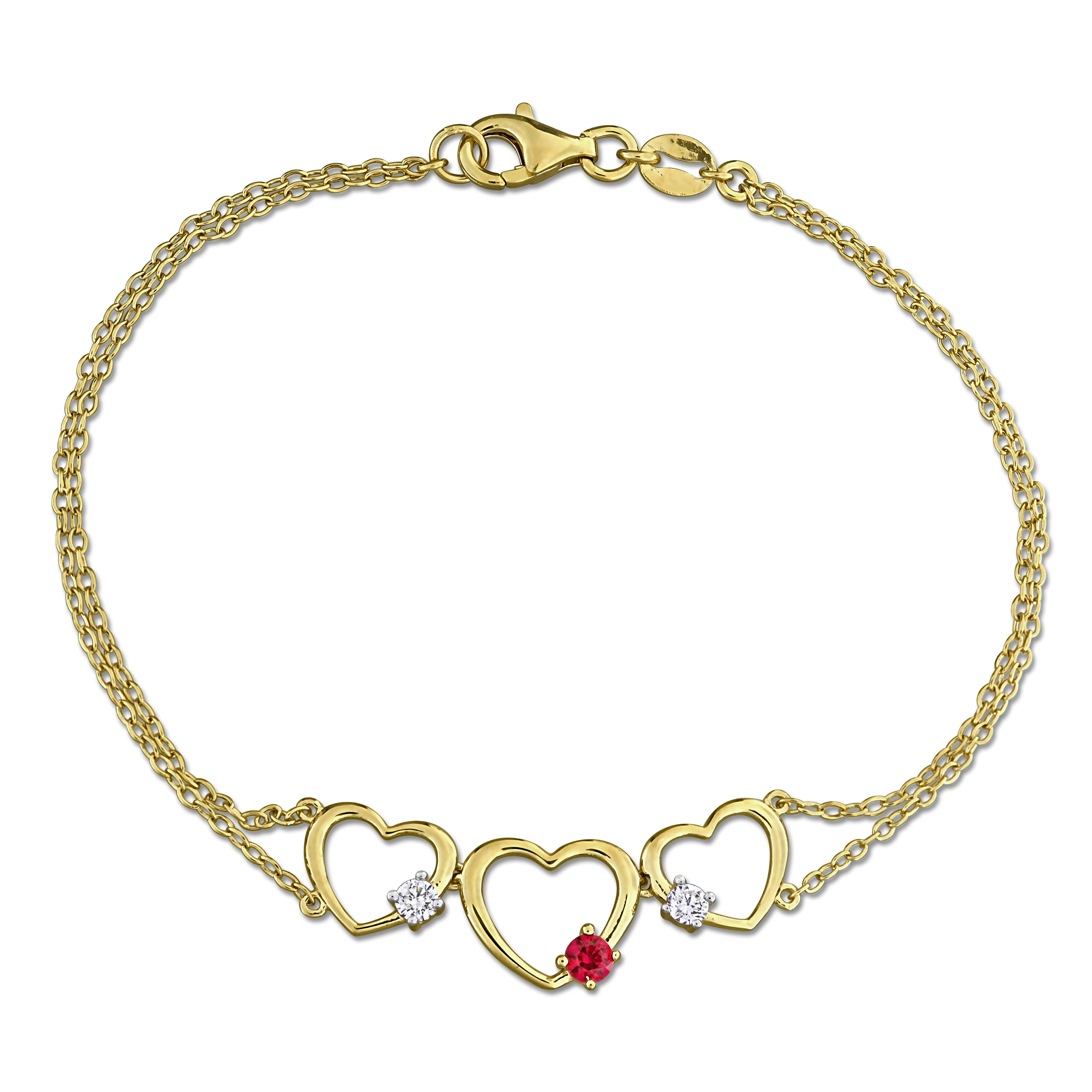 1/6ct TGW Created Ruby and 1/7ct TW Lab-Grown Diamond Triple Heart Bracelet in Yellow Plated Sterling Silver - 7.25 in