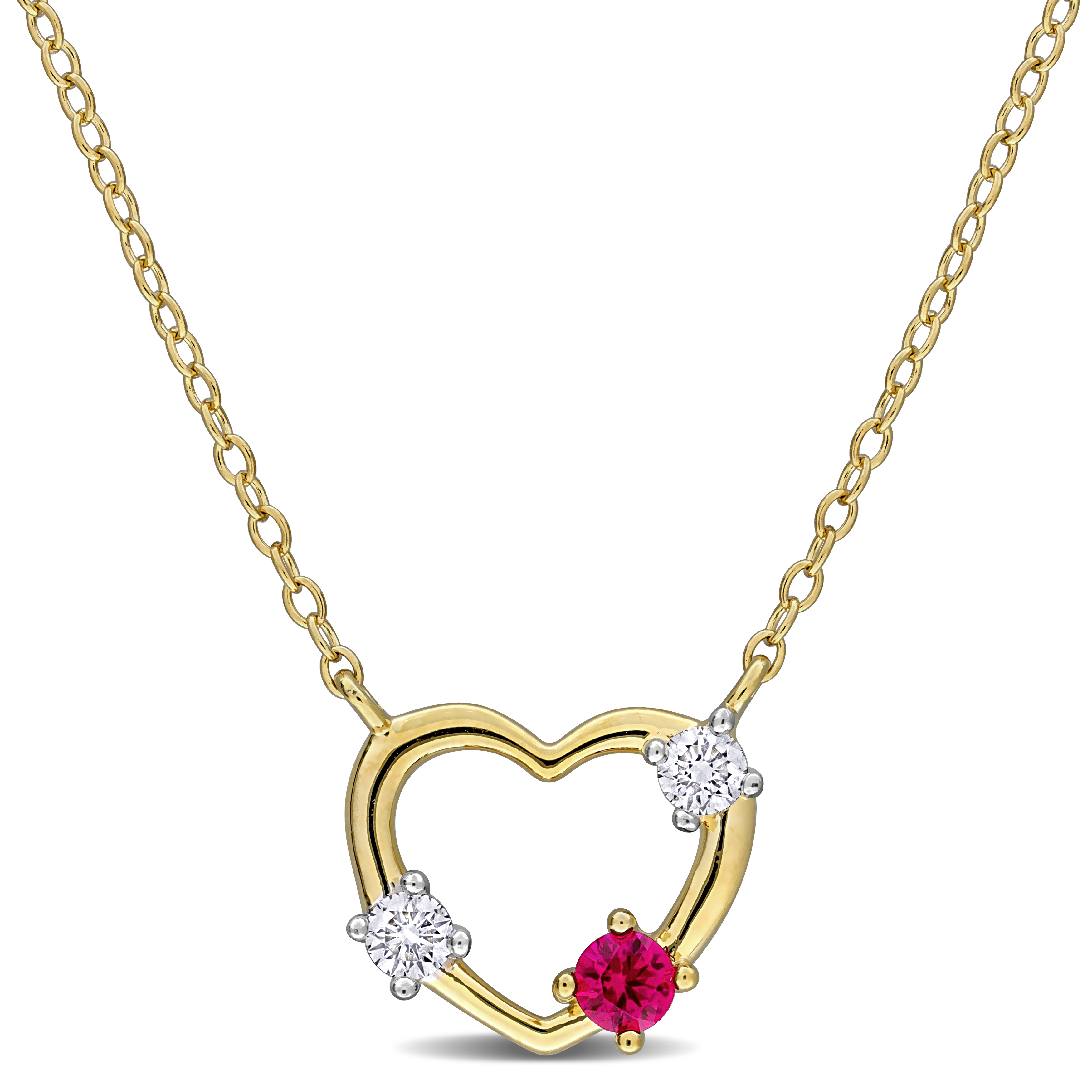 1/6ct TGW Created Ruby and 1/7ct TW Lab-Grown Diamond Open Heart Necklace in Two-Tone Sterling Silver - 17 in