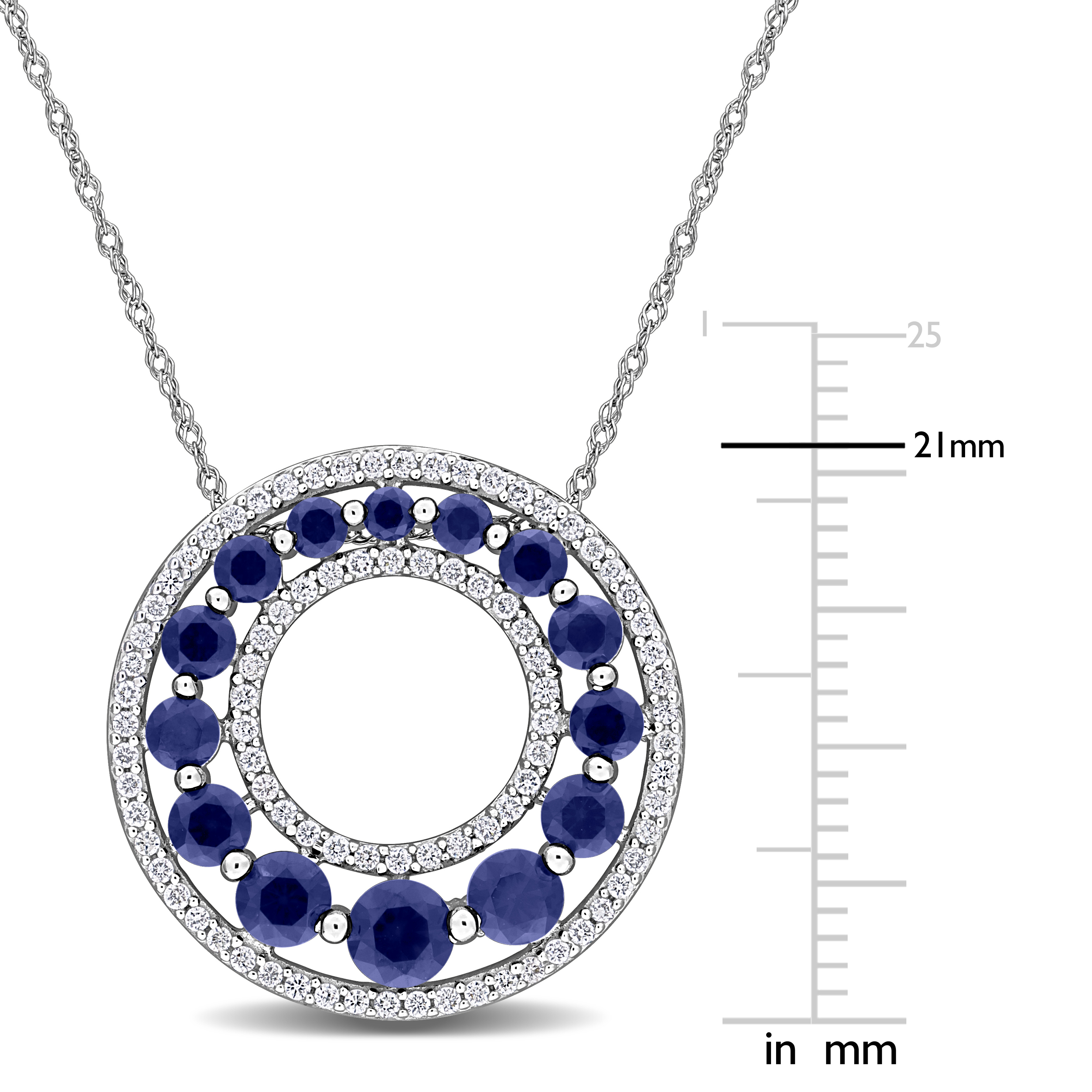 1 4/5ct TGW Created Blue Sapphire and 1/3ct TW Lab-Grown Diamond Circle Pendant with Chain in 14k White Gold - 17 in