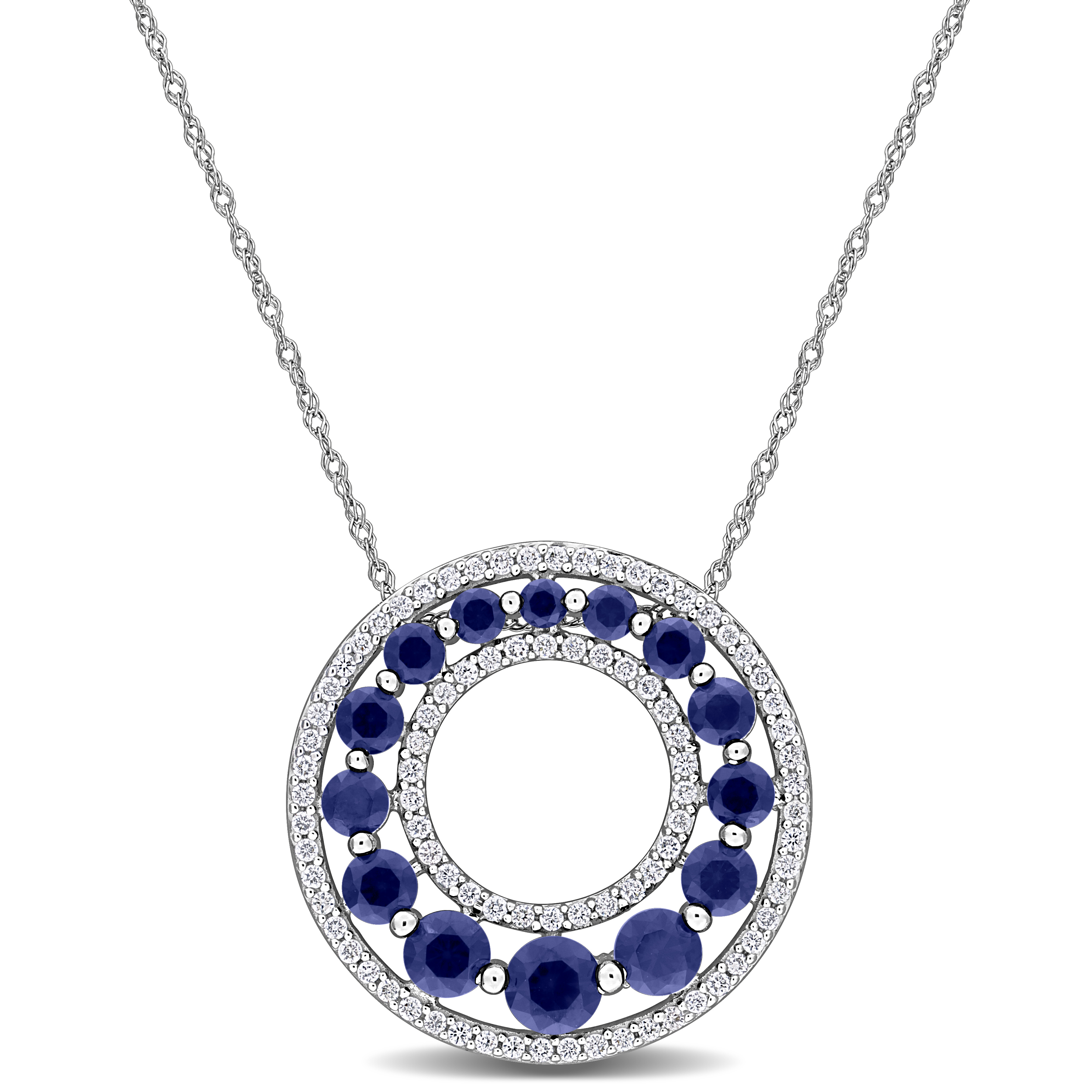 1 4/5ct TGW Created Blue Sapphire and 1/3ct TW Lab-Grown Diamond Circle Pendant with Chain in 14k White Gold - 17 in
