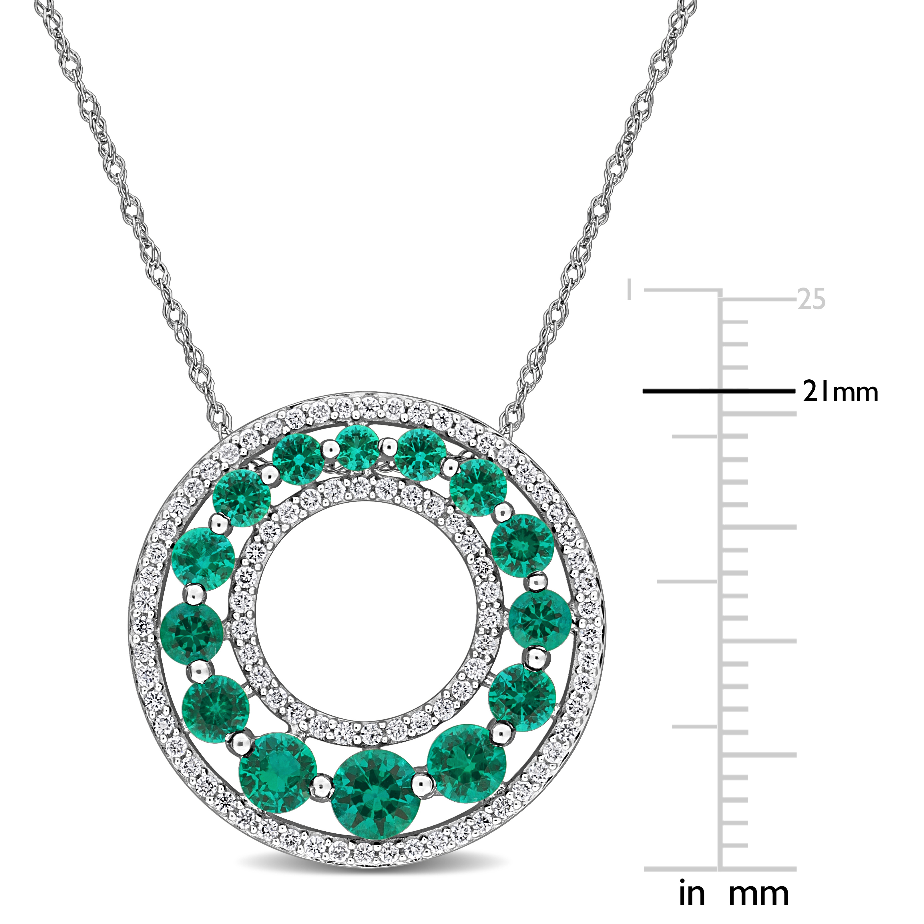 1 1/4ct TGW Created Emerald and 1/3ct TW Lab-Grown Diamond Circle Pendant with Chain in 14k White Gold - 17 in