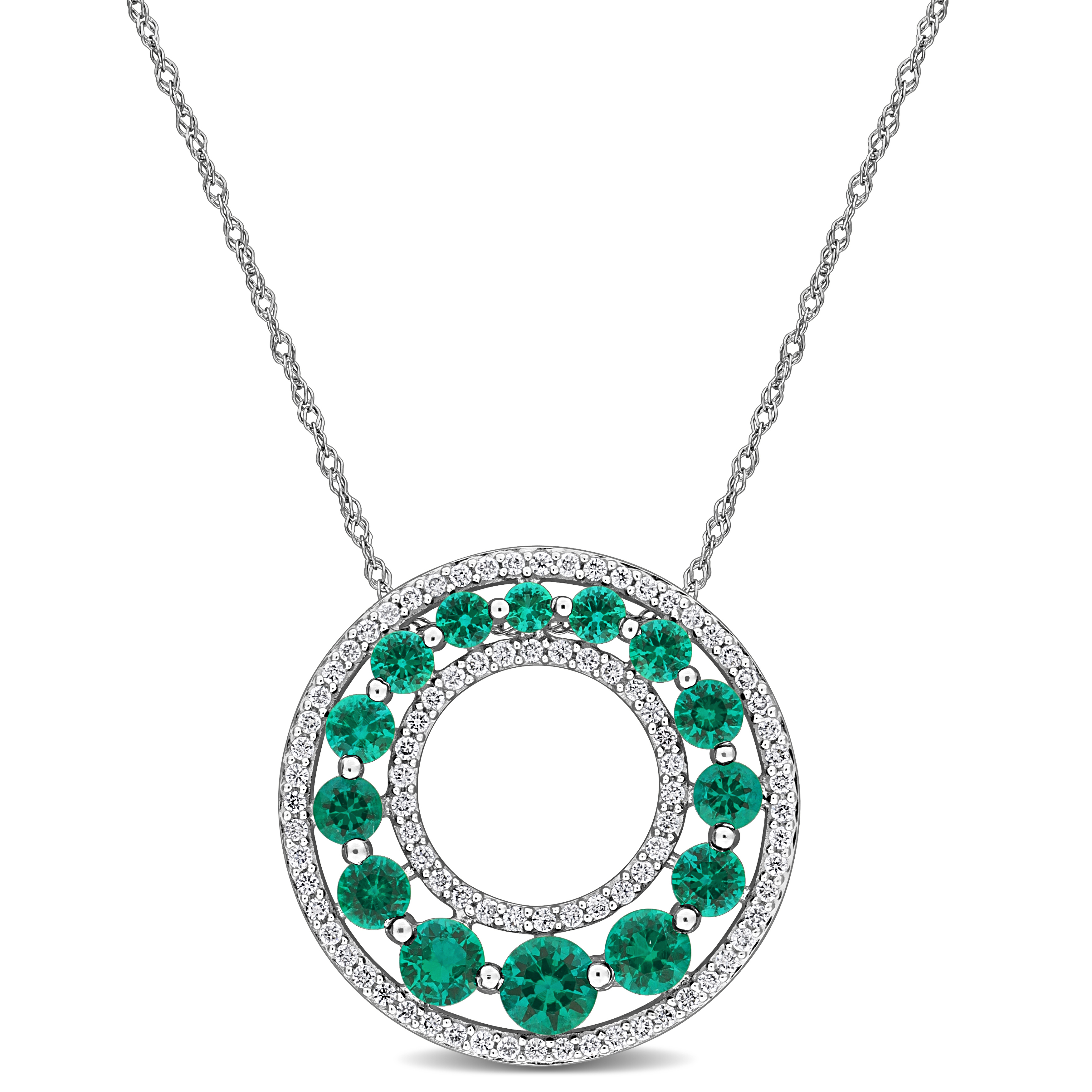 1 1/4ct TGW Created Emerald and 1/3ct TW Lab-Grown Diamond Circle Pendant with Chain in 14k White Gold - 17 in