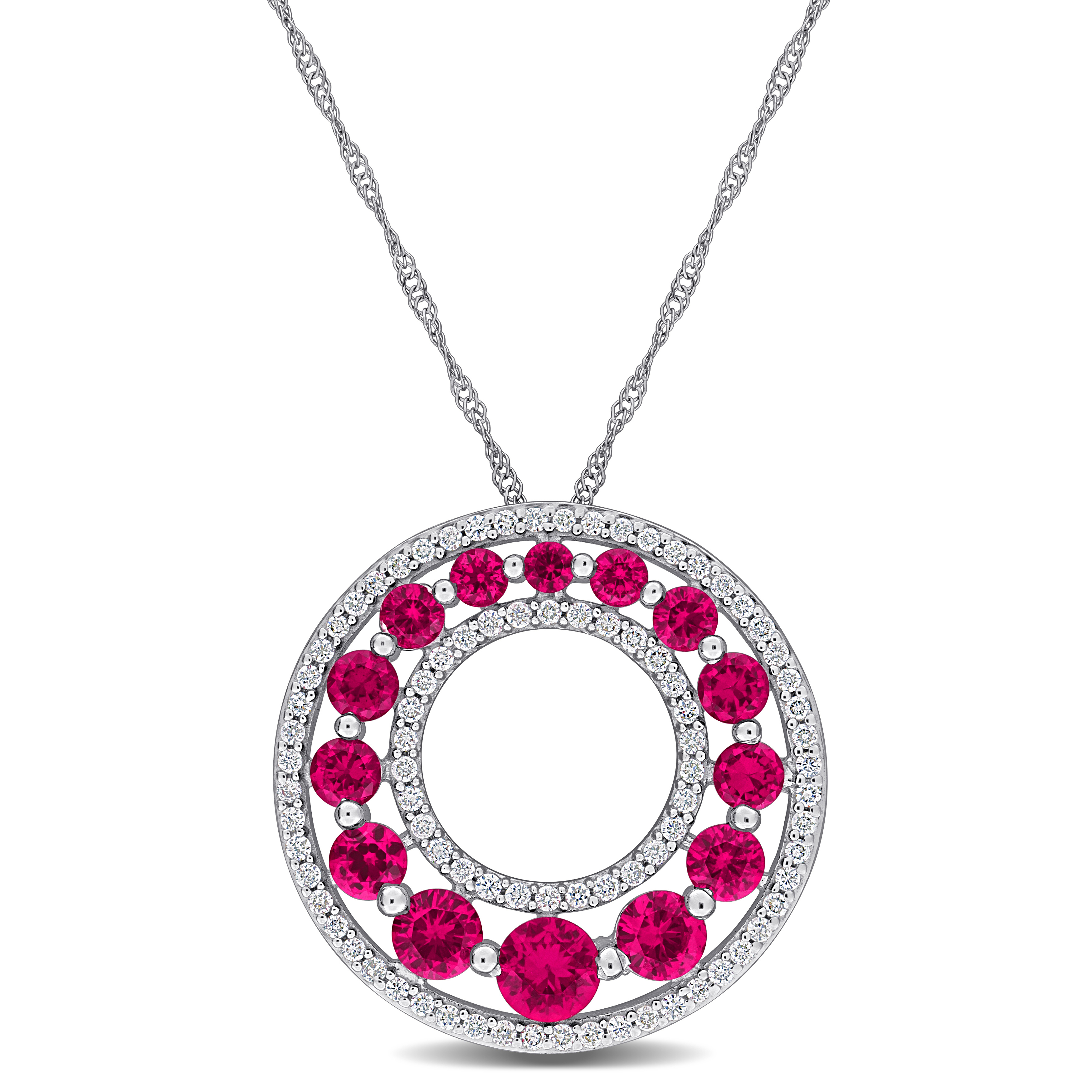 1 3/4ct TGW Created Ruby and 1/3ct TW Lab-Grown Diamond Graduated Open Circle Pendant With Chain in 14k White Gold - 17 in