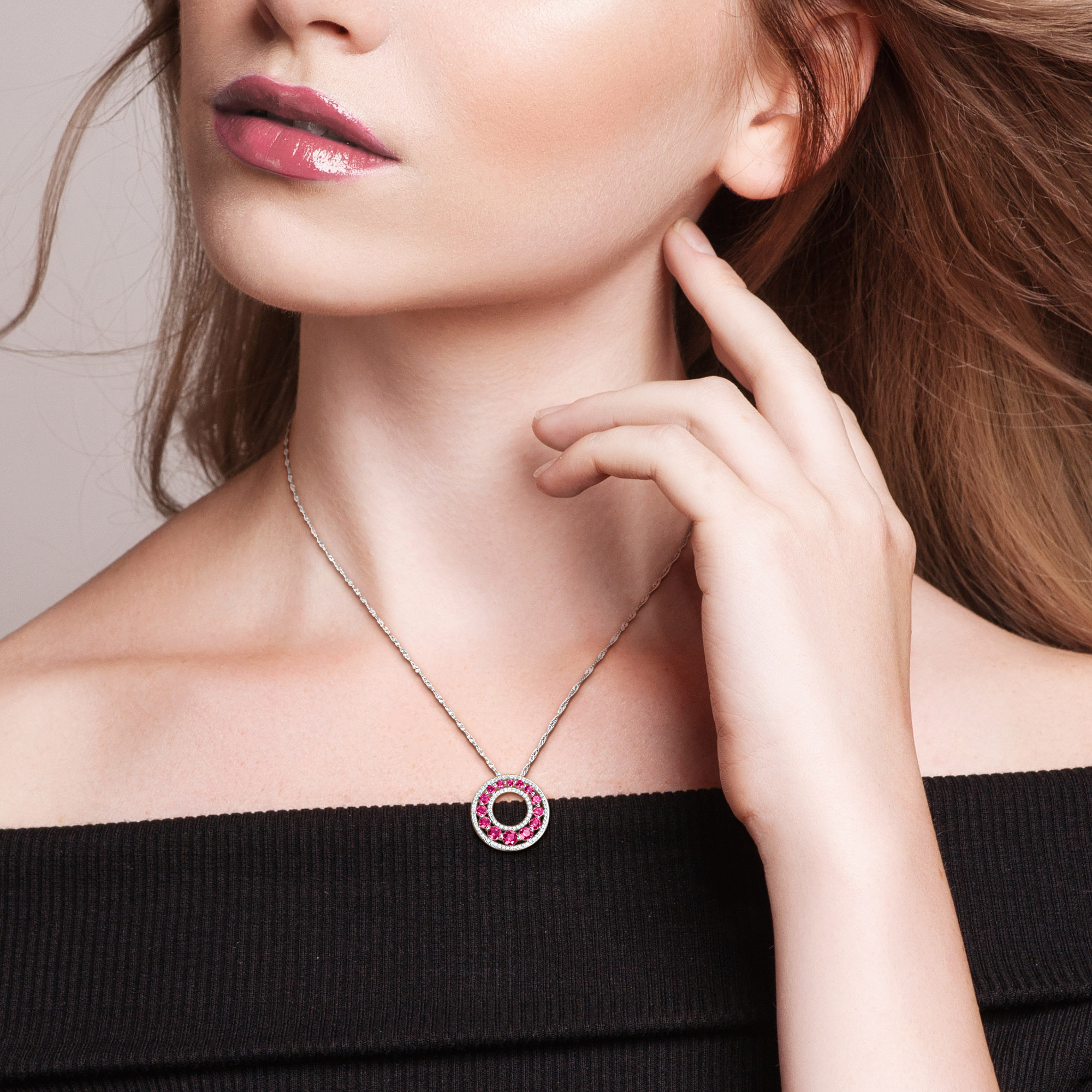 1 3/4ct TGW Created Ruby and 1/3ct TW Lab-Grown Diamond Graduated Open Circle Pendant With Chain in 14k White Gold - 17 in