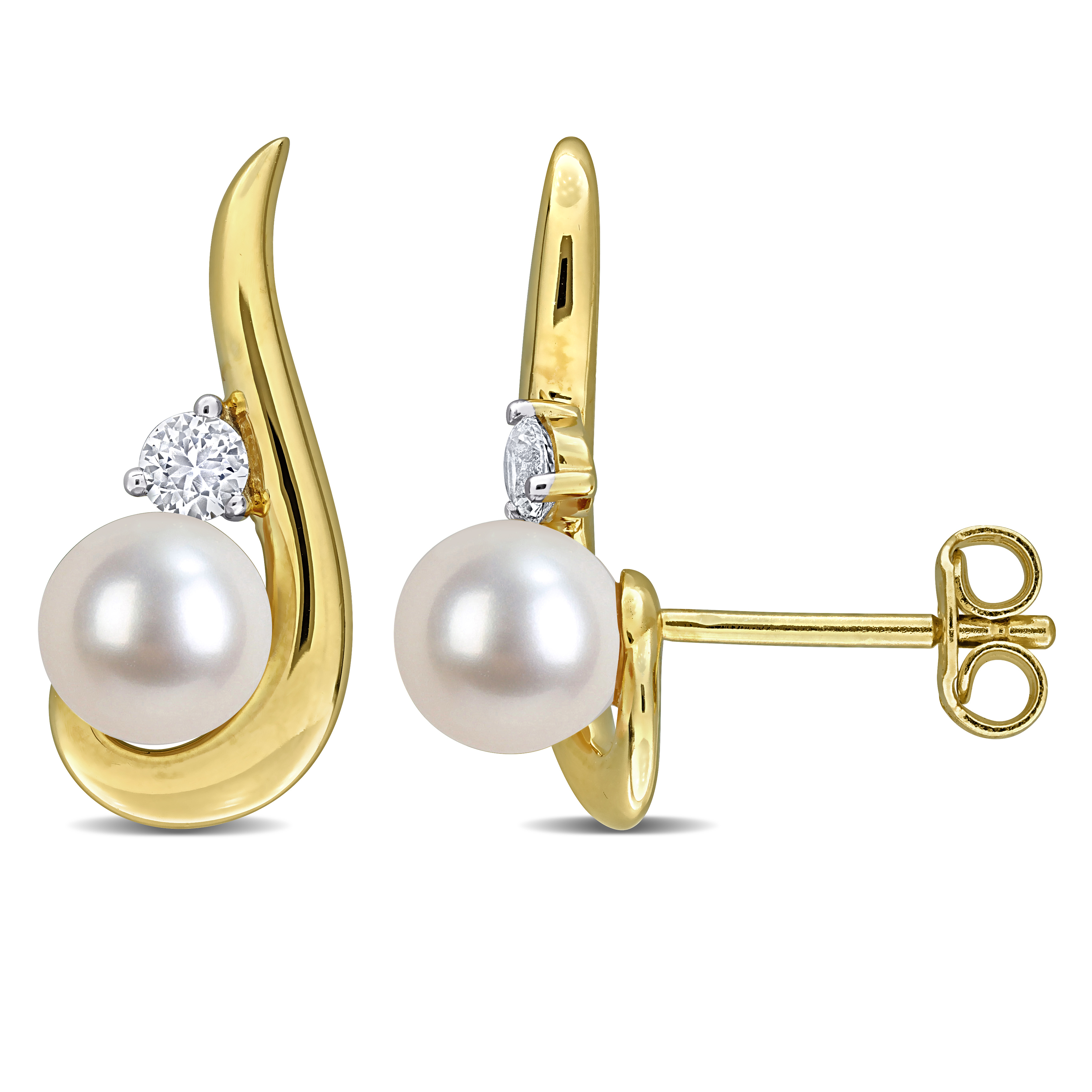 6-6.5mm Cultured Freshwater Pearl and 1/3ct TGW Created White Sapphire Dwirl Drop Earrings in Yellow Plated Sterling Silver