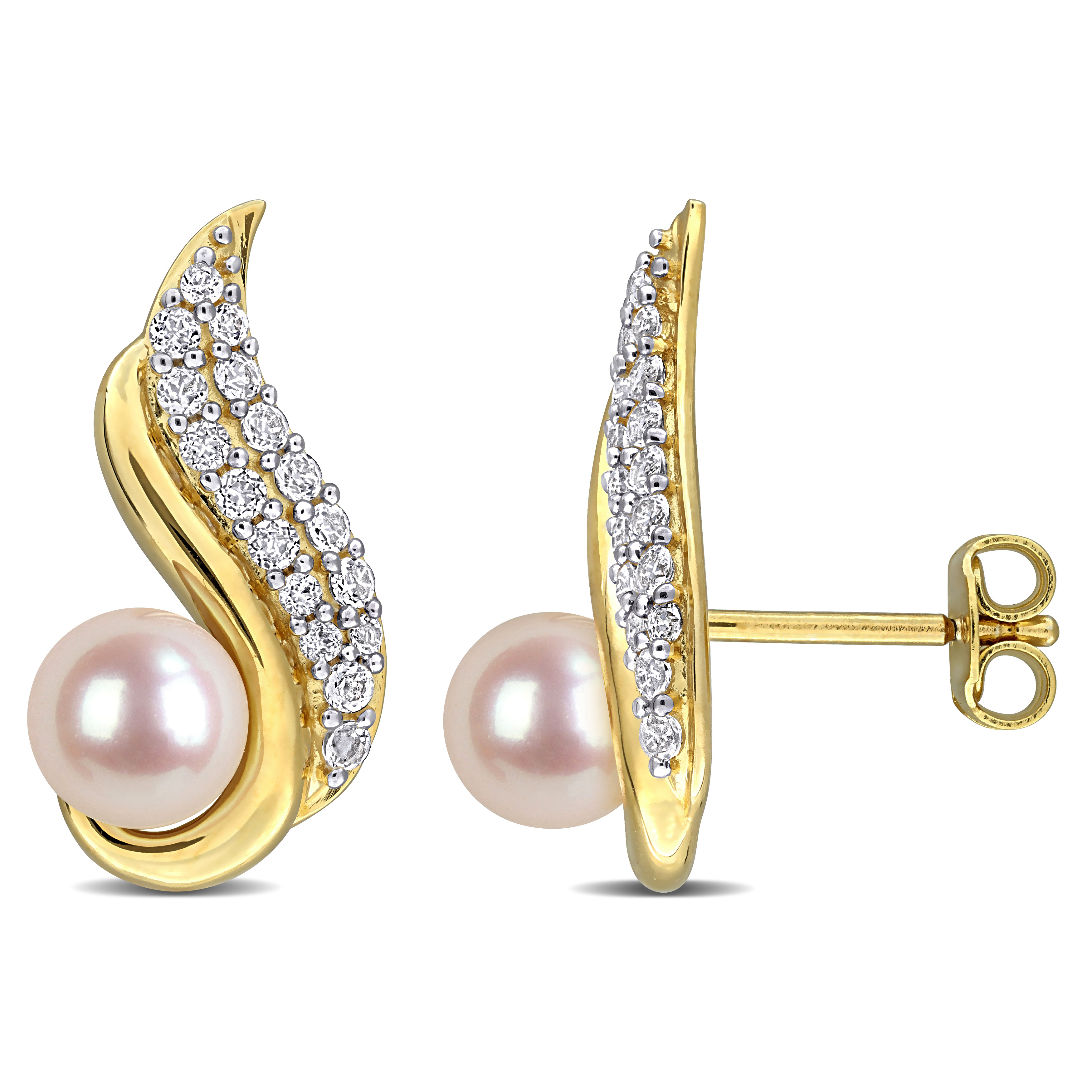 6-6.5mm Cultured Freshwater Pearl and 4/5ct TGW White Topaz Swirl Earrings in Yellow Plated Sterling Silver