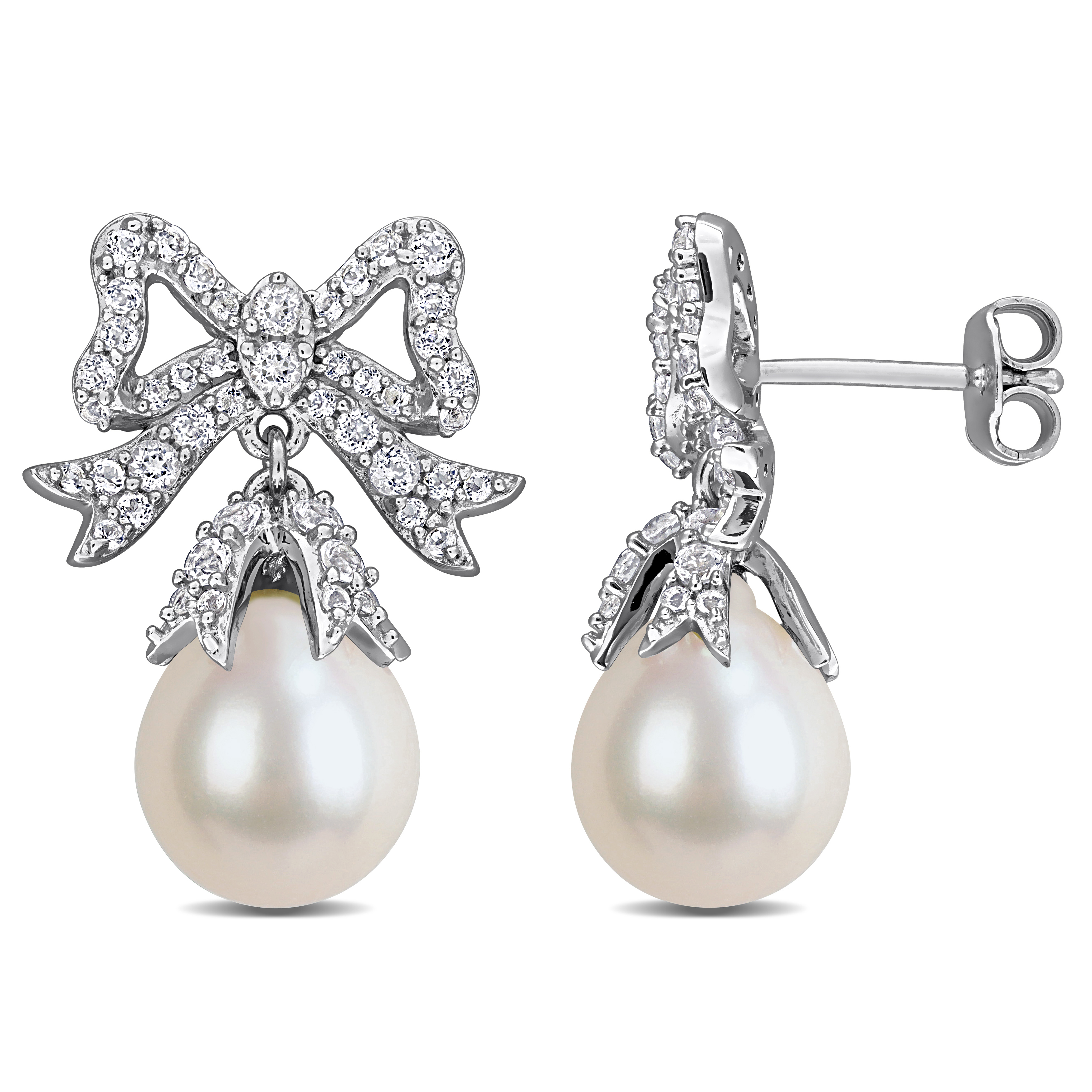 9.5-10mm Cultured Freshwater Pearl and 1 1/3ct TGW White Topaz Bow Drop Earrings in Sterling Silver