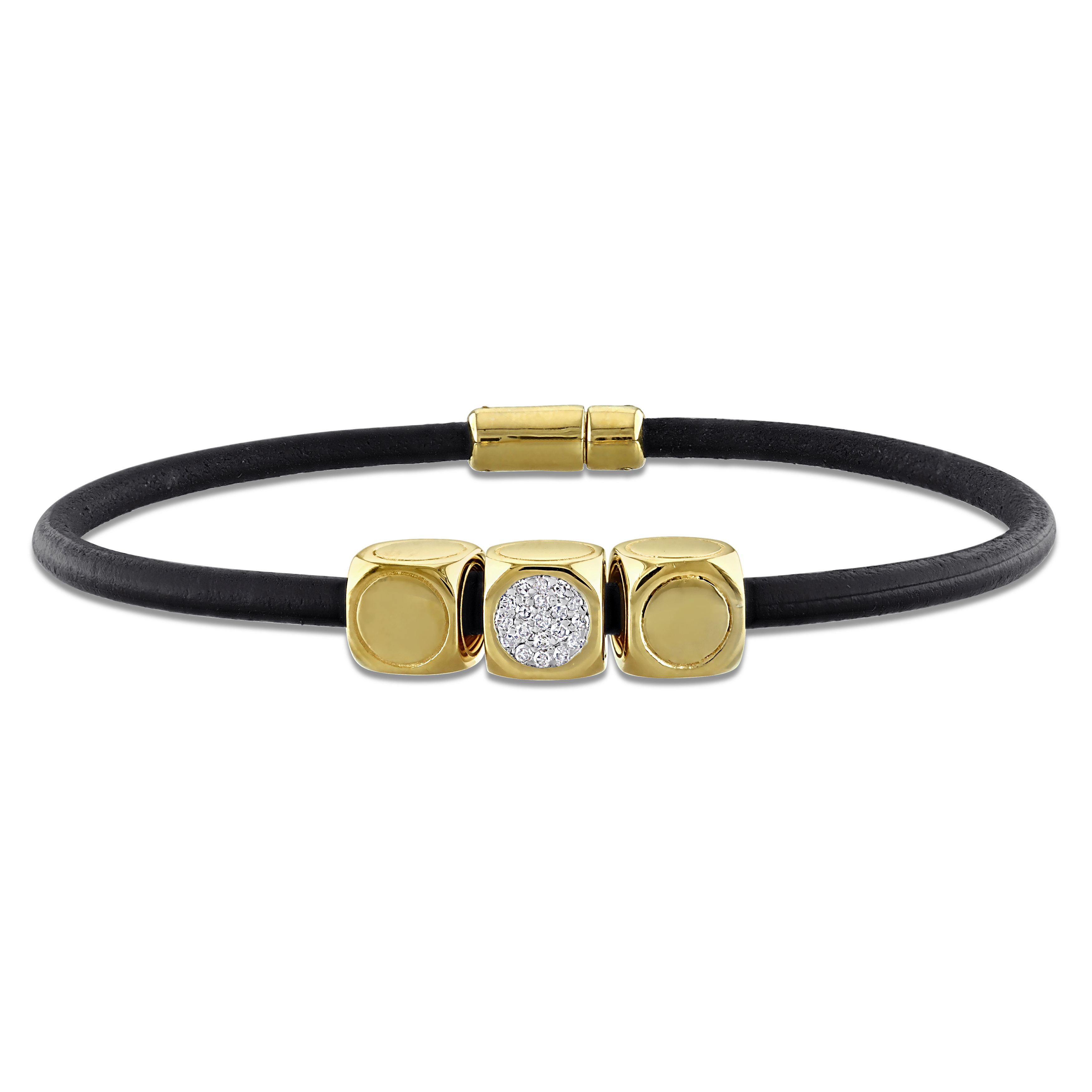Men's 1/10ct TW Diamond Cube Charm Bracelet in Black Leather and Yellow Plated Sterling Silver - 8 in